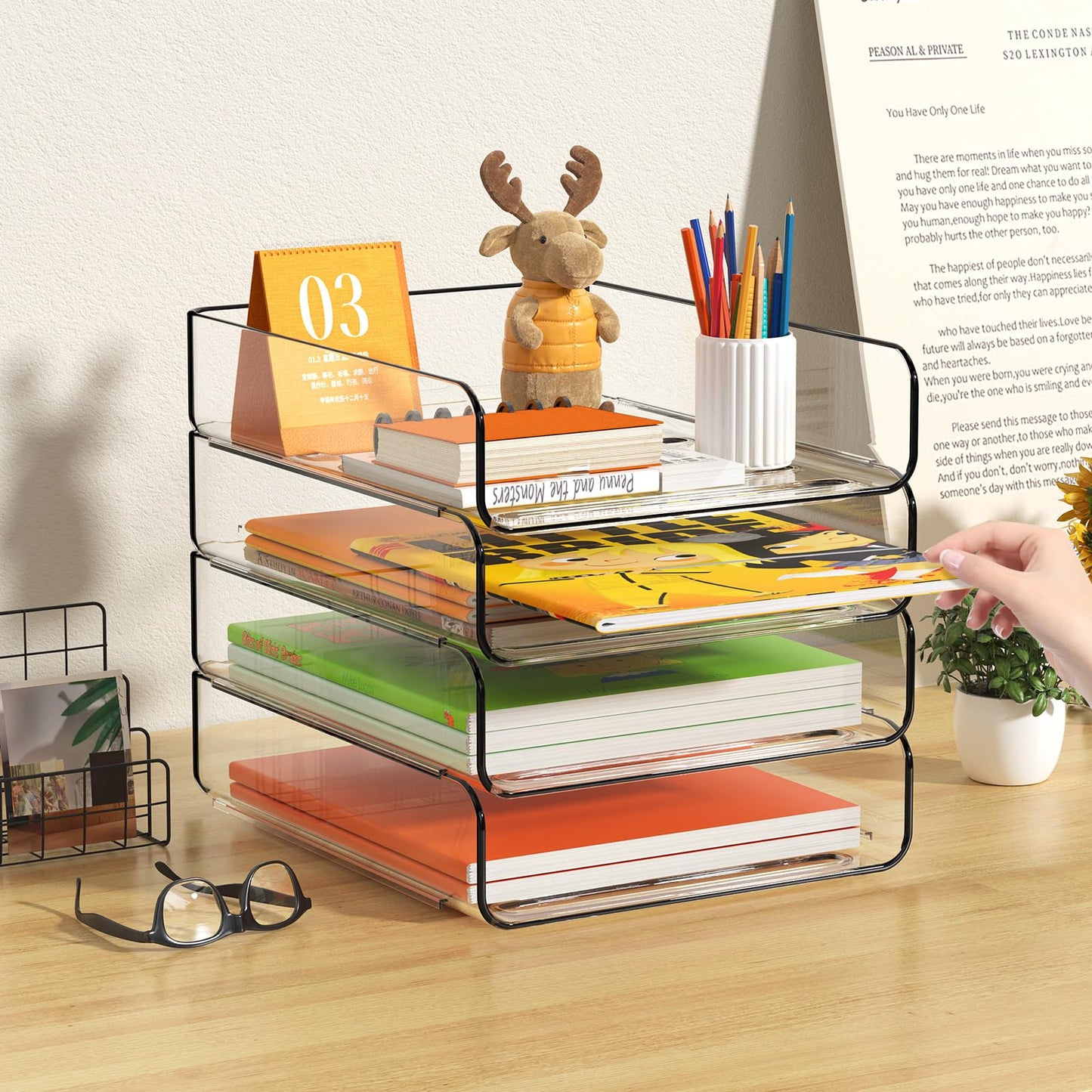 FANXIYQ 4-Tier Acrylic Paper Tray Organizer, Clear Stackable Desk File Organizer for Documents, Files, Letters, A4 Paper, Books, Notes, Mail & Paper Storage, Office Classroom Home