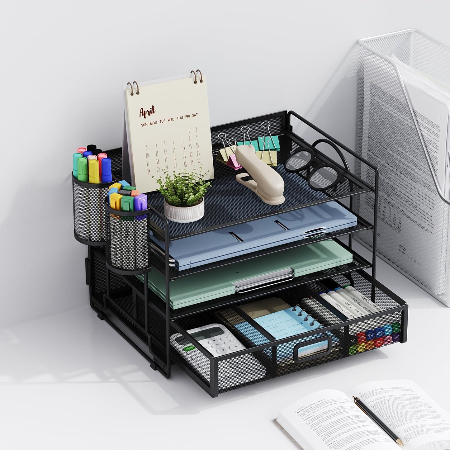 Marbrasse Desk Organizer and Accessories4-Tier Paper File Letter Tray Accessories & Workspace Desk Organizers with Drawer and 2 Pen Holders for School Home Office Supplies (Black)