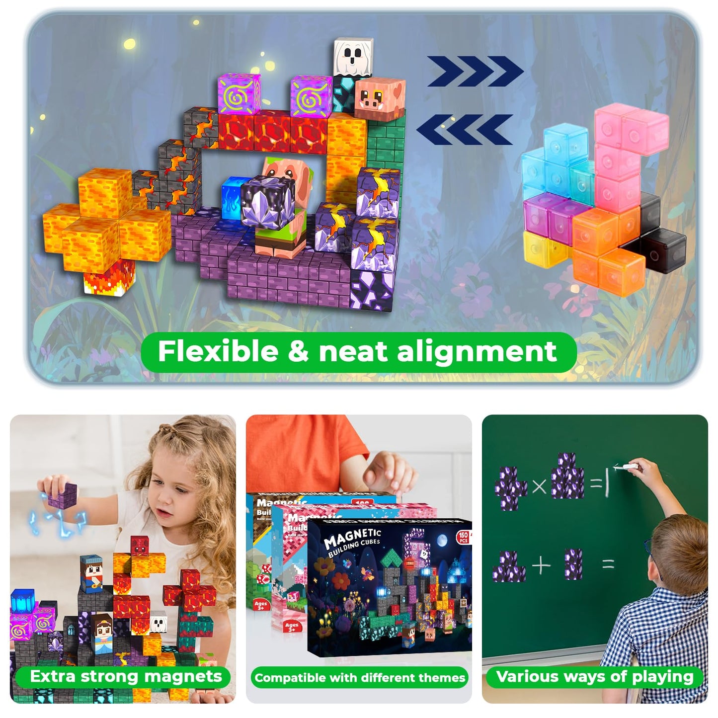 Magnetic Blocks with Light up Blocks -150PCS Magnetic Blocks for Kids Ages 4 5 6 7 8+, Magnetic Building Blocks Cubes, STEM Learning Toy for Kids, Easter Birthday Gift for 3-8 Year Old Boys Girls
