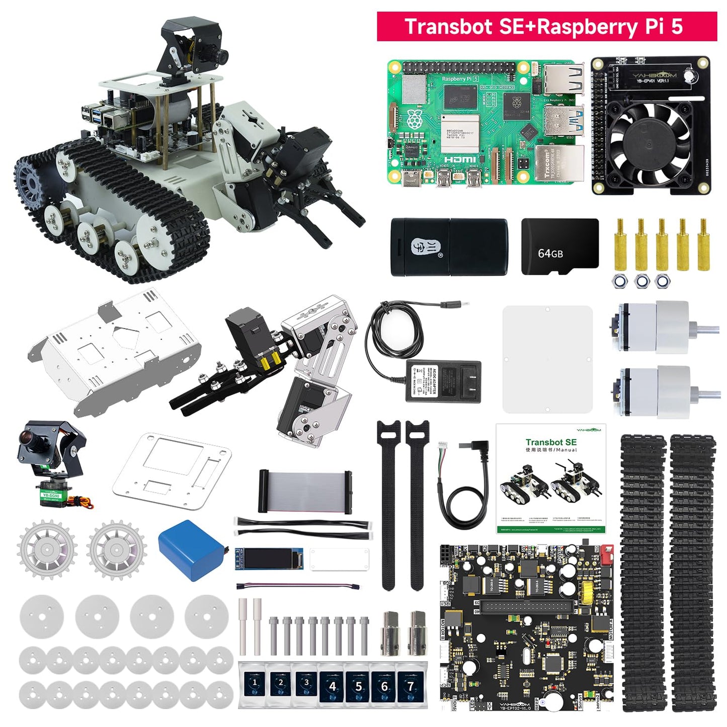 Yahboom Raspberry Pi 5 Robot Track Tank Car Kit with Robotic Arm Artificial Intelligence Learning Electronic Programming for Teens Adults (Transbot-SE with Pi 5 4G)