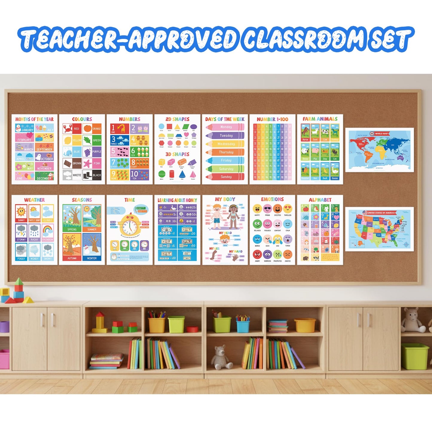 UNCLE WU 16 Pack Laminated Educational Posters for Toddlers, 17 x 11 Preschool Classroom Posters with ABC Alphabet, Numbers 1-100, Shapes, Colors, USA & World Maps, Homeschool Supplies