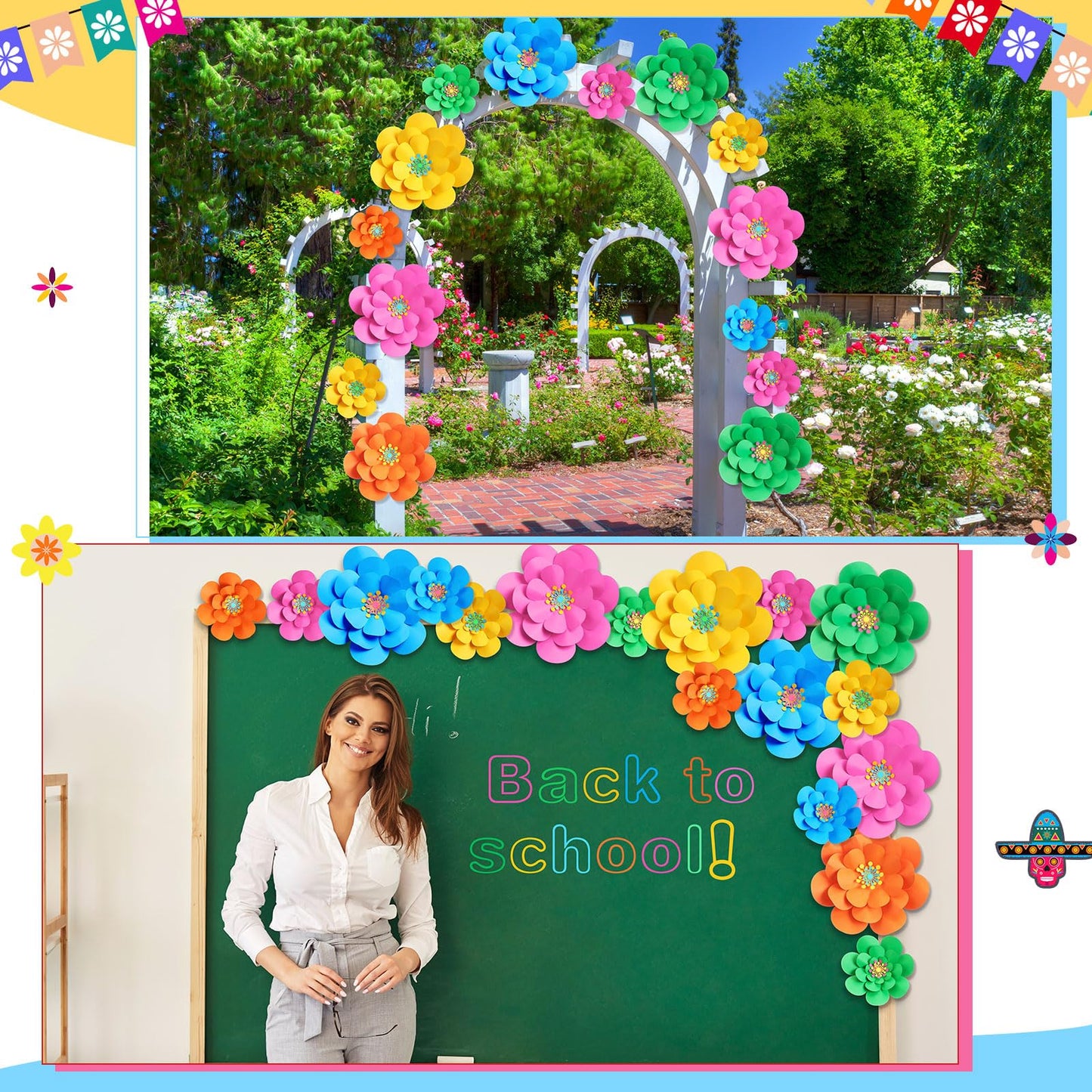 Mooliwe Paper Flowers Decorations for Wall DIY 3D Paper Bulletin Board Mexican Flowers Backdrop Decoration for Classroom Back to School Holiday Party(Bright,10 Set)