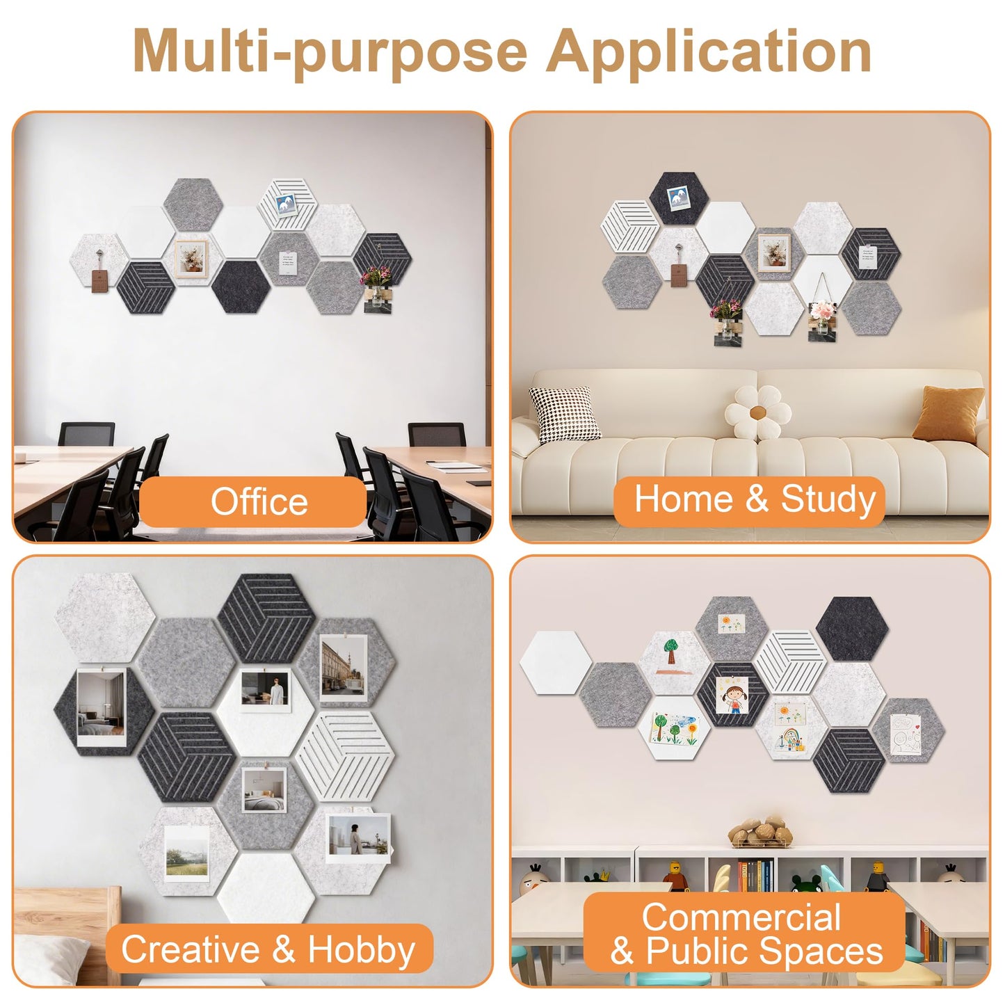 12 Pack Hexagon Cork Board, Modern Grayscale & Hexagon Felt Bulletin Board with 70 Pins, 11.8x10.2 Felt Board,for Home Office Decor Wall Art & Vision Board with Cut-Out Designs
