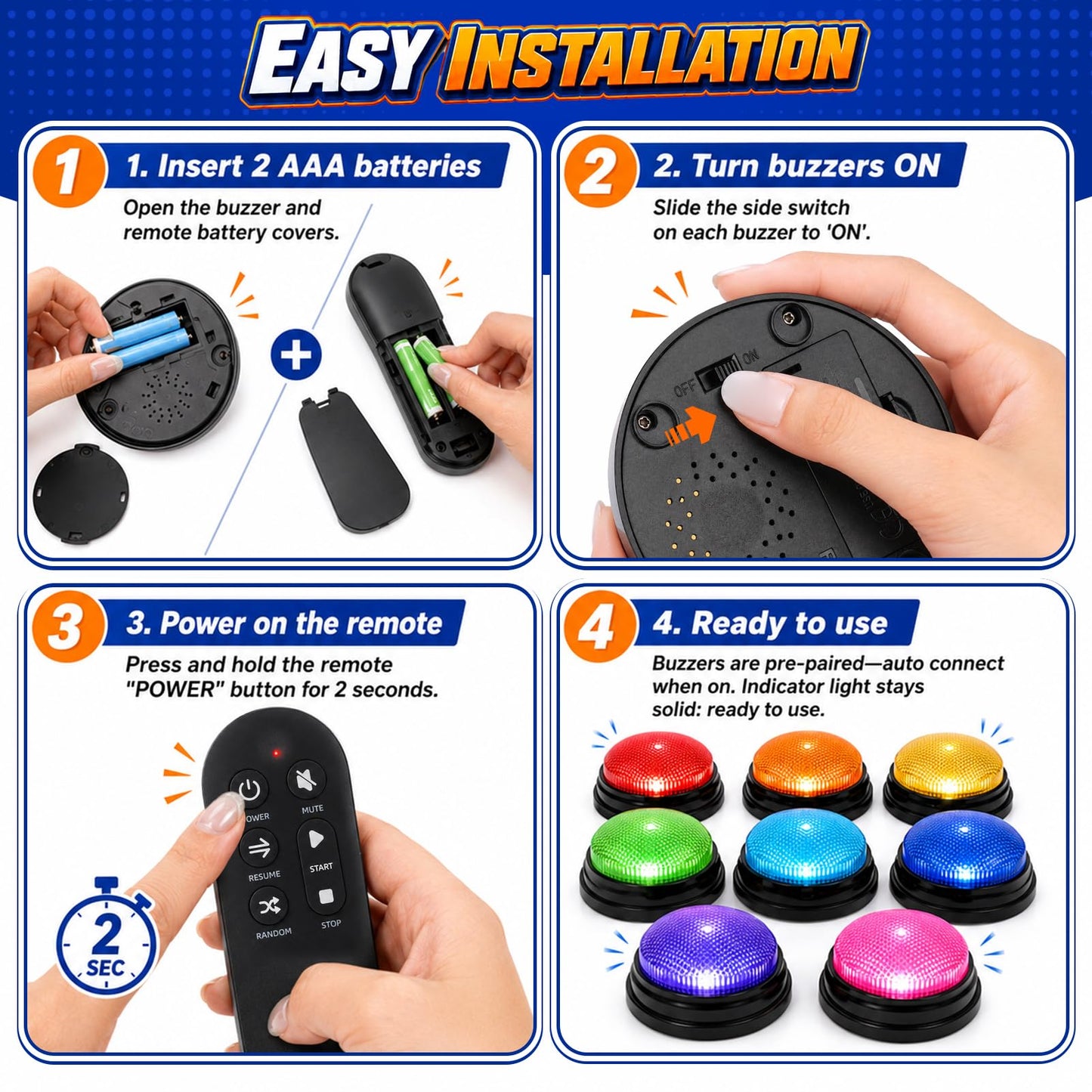 Buzzers for Trivia Games and Family Party: 8 Pack Answer Buzzers with Remote Control - Game Buzzers with Light & Sound First-Press Lock for Classroom Quiz