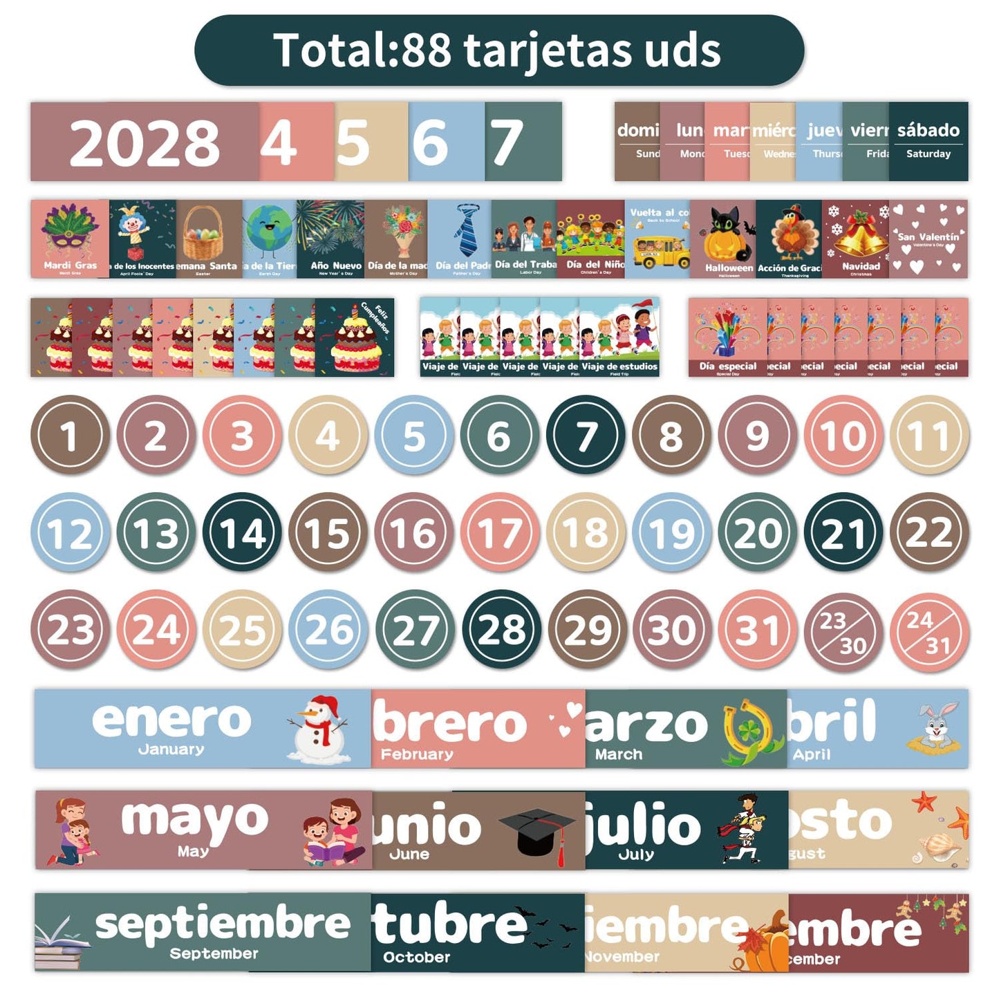 Monthly Calendar Pocket Chart for Classroom, Printed Days of The Week with Cards, Learning for Home or Kindergarten, Teacher Must Have Supplies That Fits Any School Décor (Spanish White)