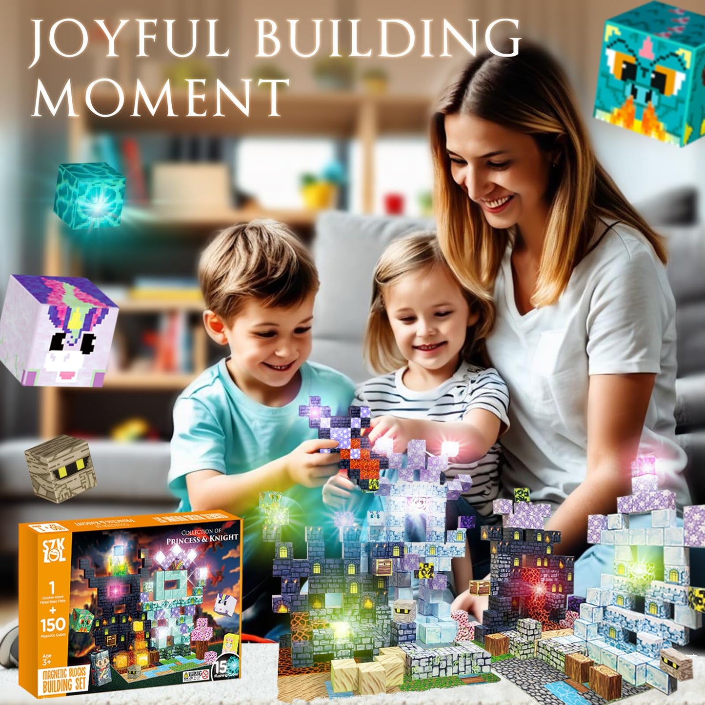 SZKLOL 150 PCS Light Up Magnetic Building Blocks for Kids, STEM Educational Building Toys with Metal Baseplate for Ages 3-8, Princess & Castle Magnetic Stacking Cubes (150 pcs, 15 Flashing Cubes)