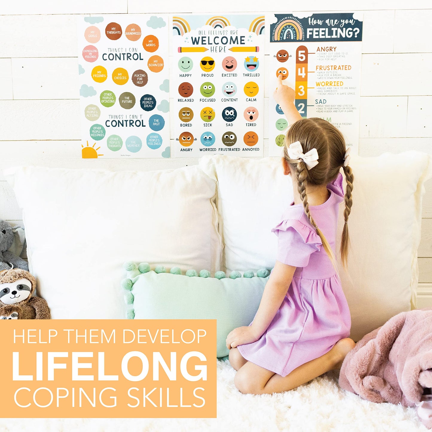 Hadley Designs Feelings Chart for Classroom Must Haves - Emotions Chart for Toddler Calm Down Corner Supplies, Feelings Wheel, Mental Health & Social Emotional Learning Posters, Boho Classroom Decor