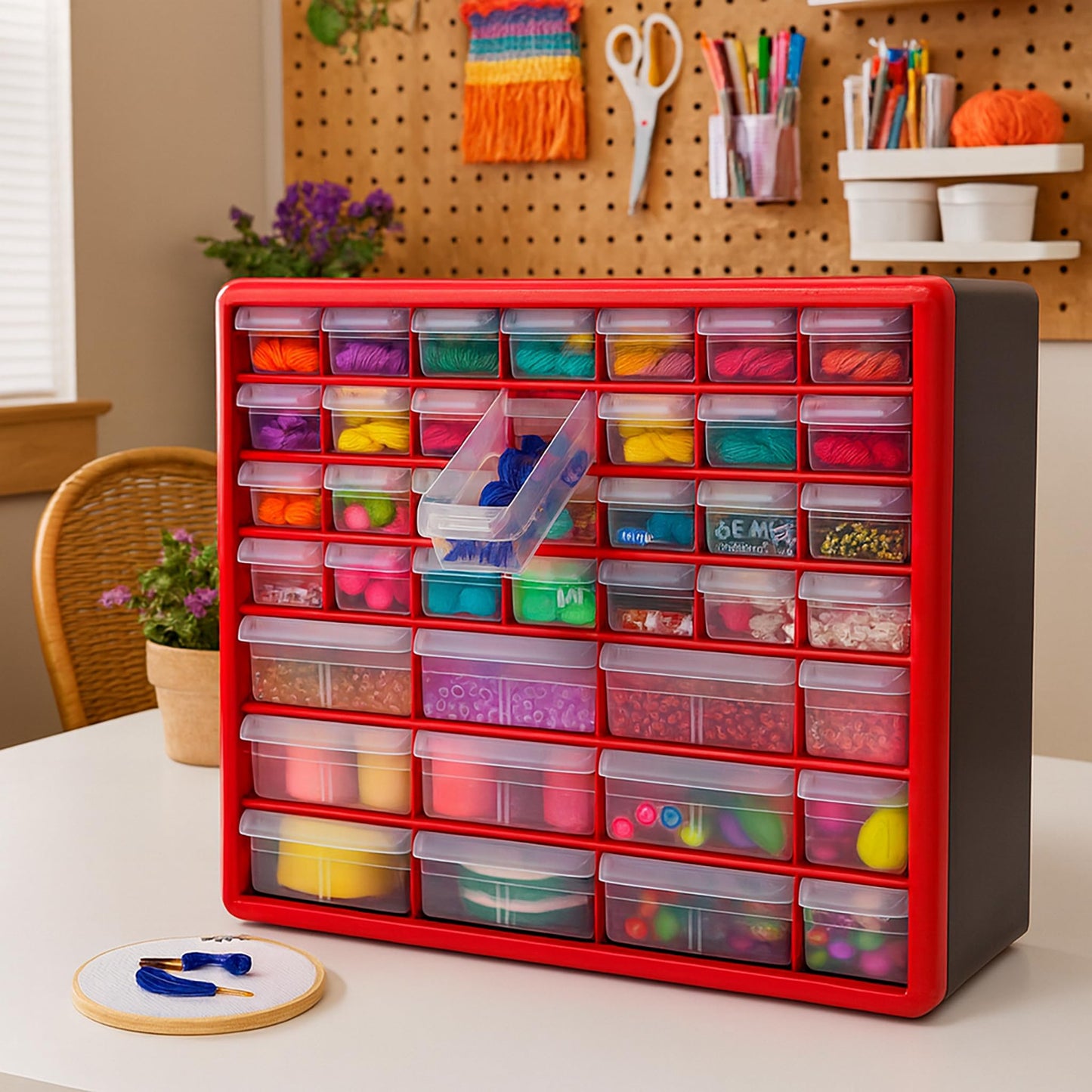 Akro-Mils 44-Drawer Plastic Drawer Storage Cabinet for Garage Organization, Bead Organizer, Building Bricks Storage, Teacher Toolbox, Makeup Organizer, 20" W x 6" D x 16" H, 10144 Red