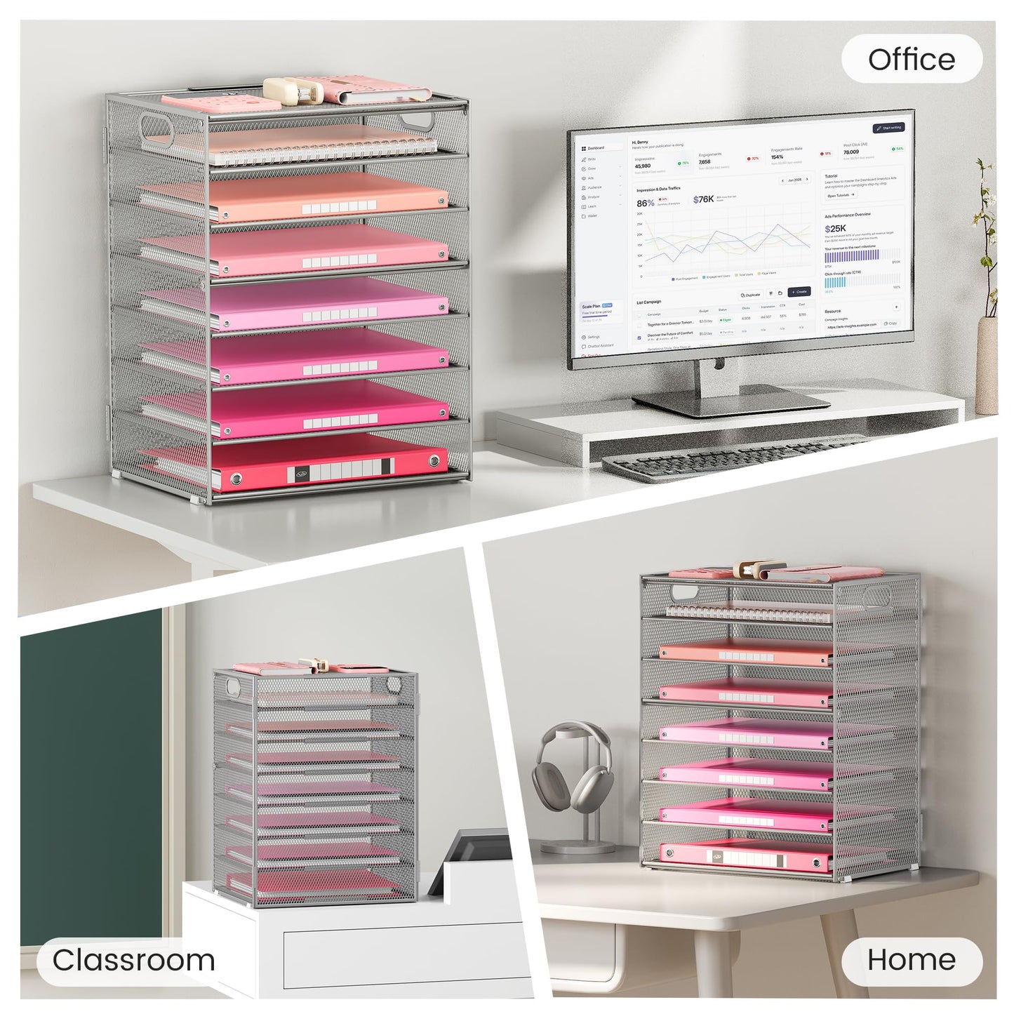 Lavatino 8-Tier Office Desk File Organizer, Letter Tray Paper Organizer with Handle, Including 5 Adjustable Slide Trays for Organizing Desktop Workspace Accessories and Supplies (Silver Metal Mesh)