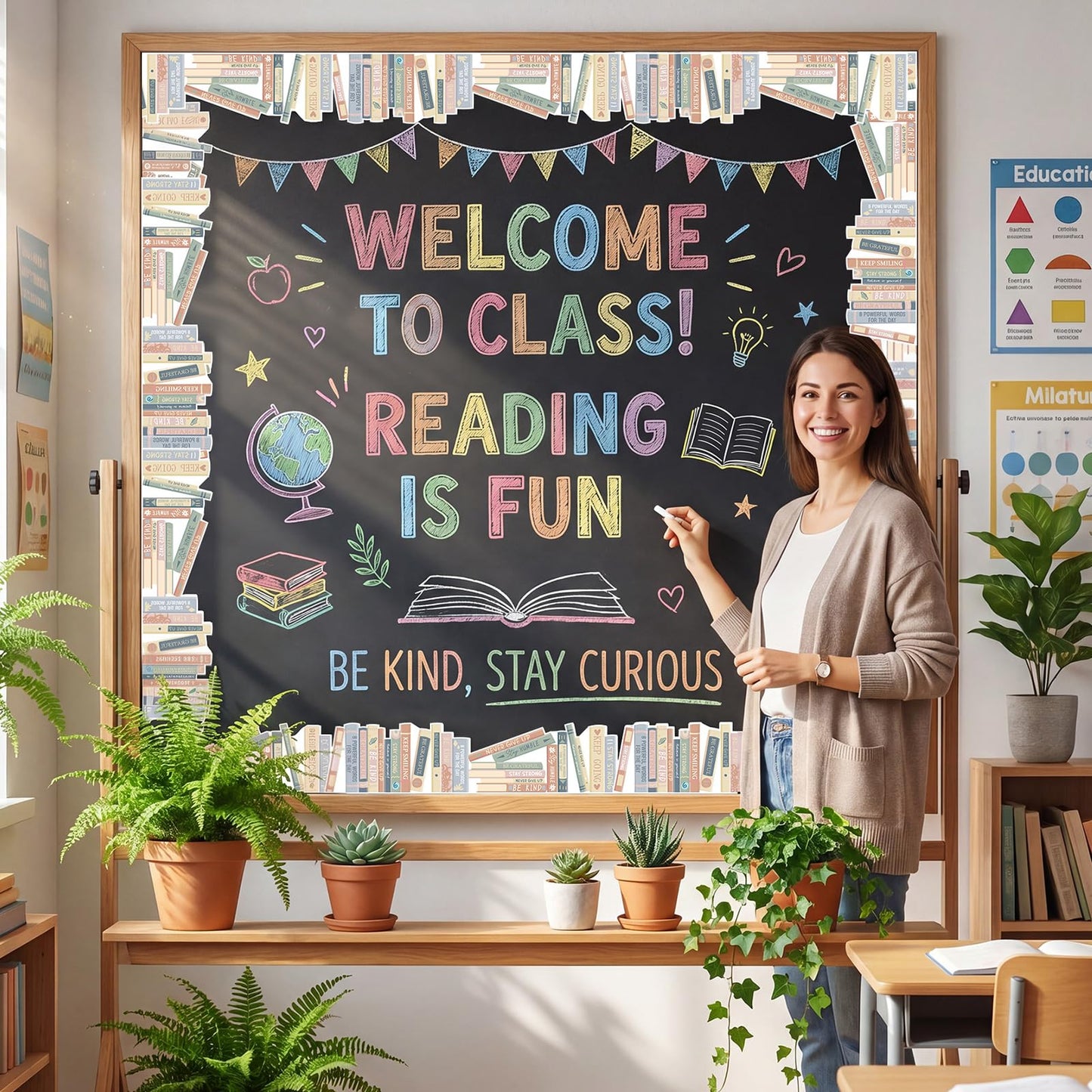 Tenceur 120 ft Bookshelf Border Trim Book Rolled Border Trim Decor Back to School Straight Bulletin Board Set for Library Classroom Poster Board Whiteboard Wall Decoration(Earth,Boho)