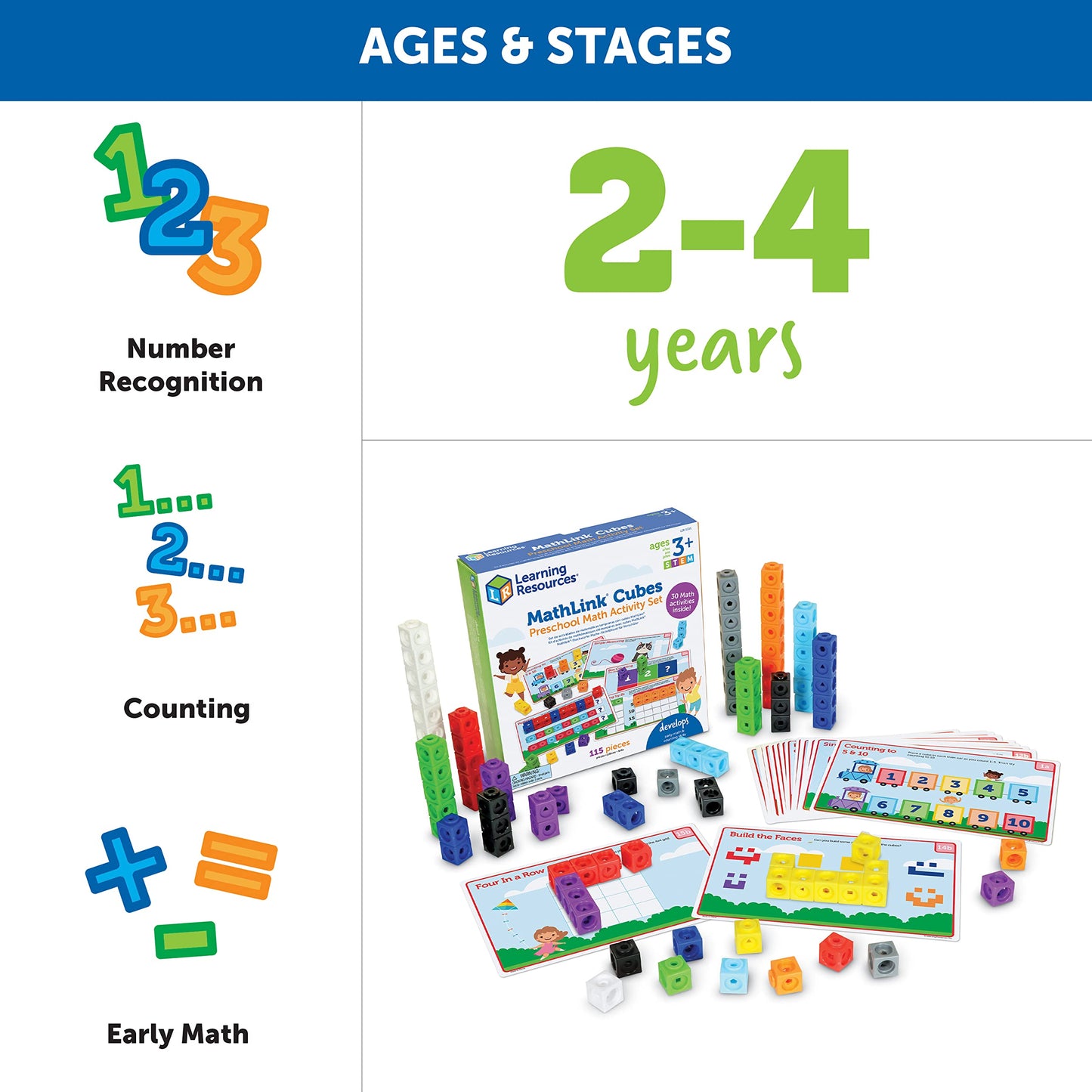 Learning Resources MathLink Cubes Preschool Math Activity Set - Classroom Must Haves, Teacher School Supplies, Toddler Montessori Toys,Building Blocks, Math Manipulatives, Homeschool Games