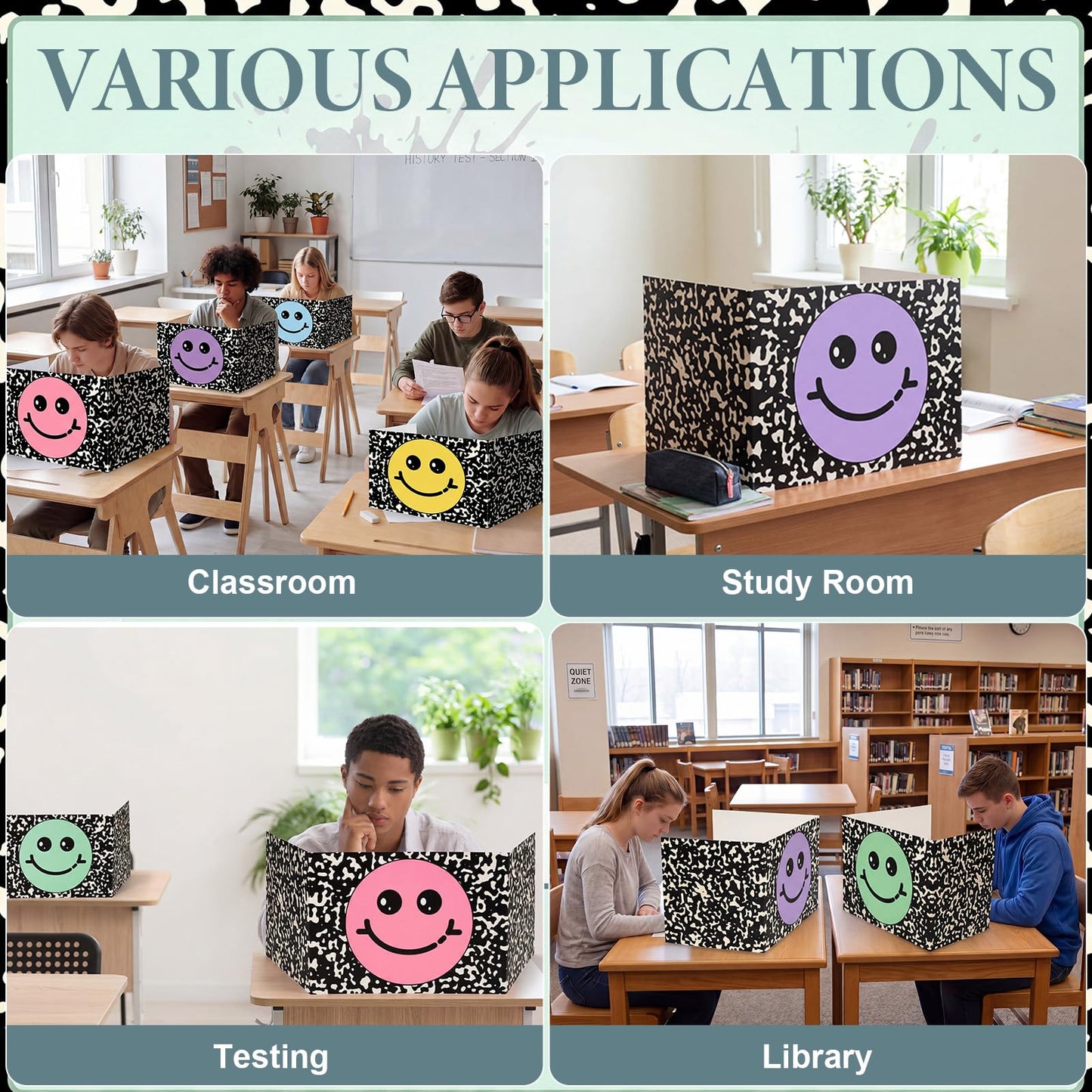 Poola Voidra 24 Pcs Composition Desk Dividers for Students Cardboard Privacy Folders Testing Privacy Classroom Boards for Desk Back to School Teacher Office Study Supplies (Pastel Smile Face)