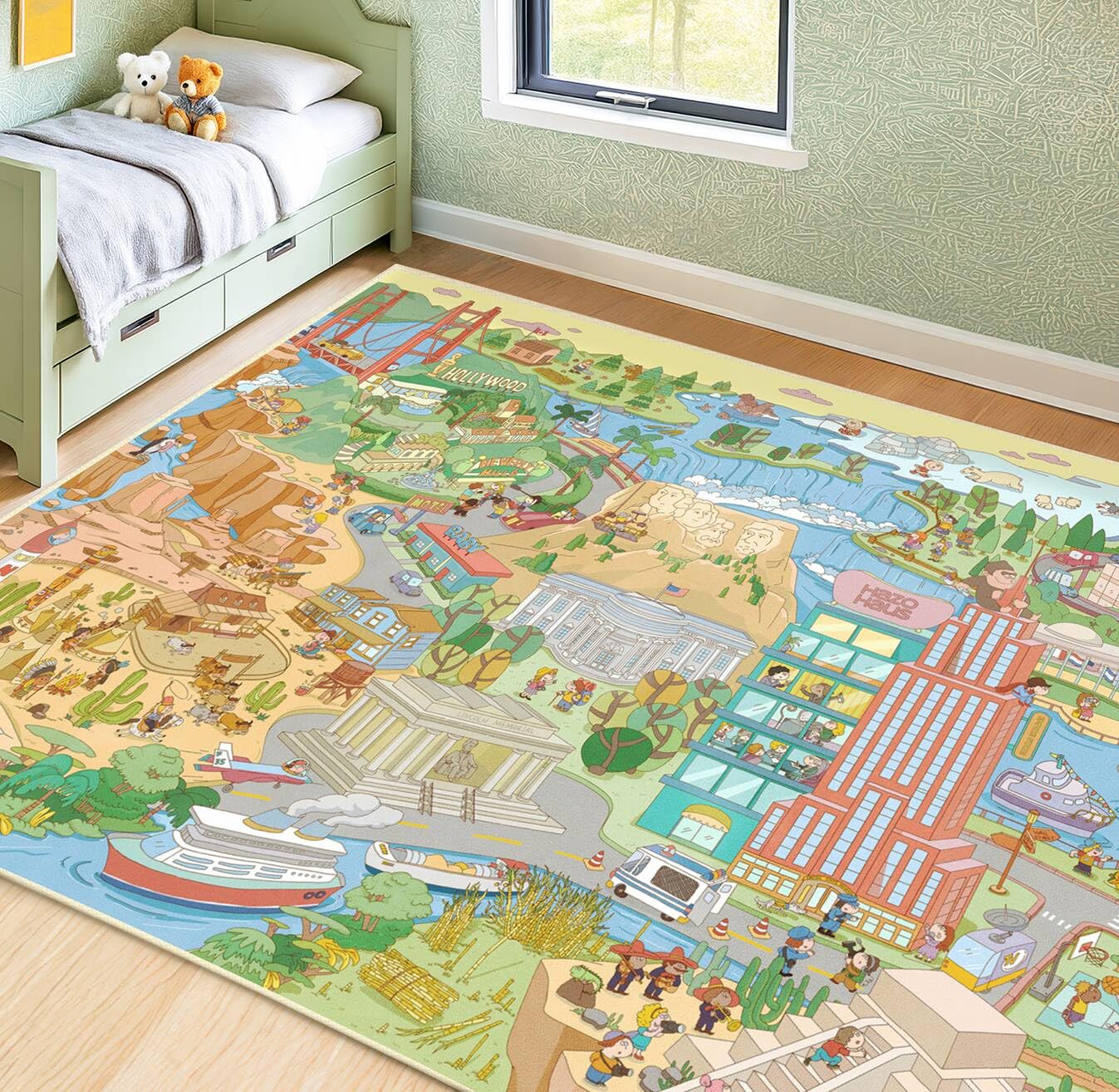 Large Kids Area Rug 6x9 – Interactive North America Map Carpet with States, Animals & Famous Landmarks – Soft Non-Slip Learning Play Mat for Kindergarten, School, or Bedroom Décor