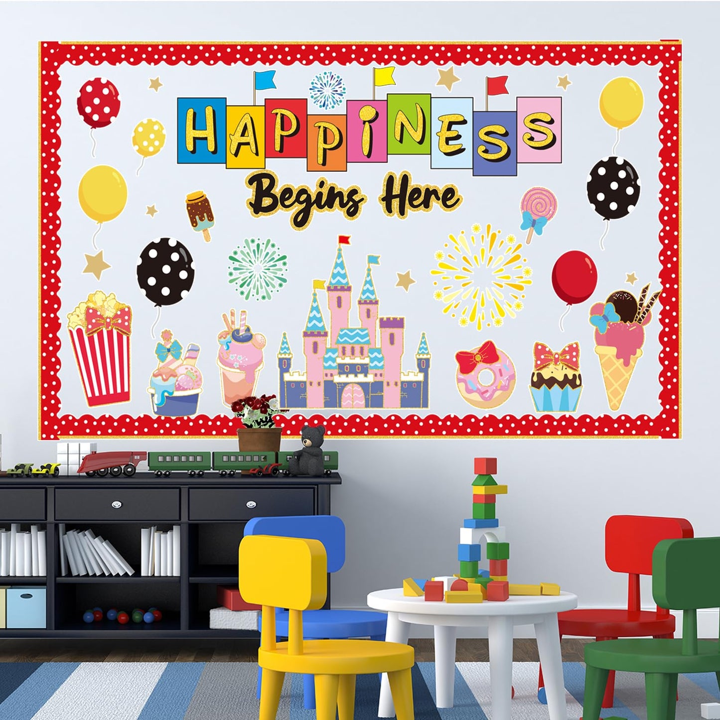 Magic Candy Bulletin Board Decorations Set with Borders Happiness Begins Here Cutouts Decor for Teachers Castle Bulletin Board for Class School Classroom Chalkboard Wall Decor