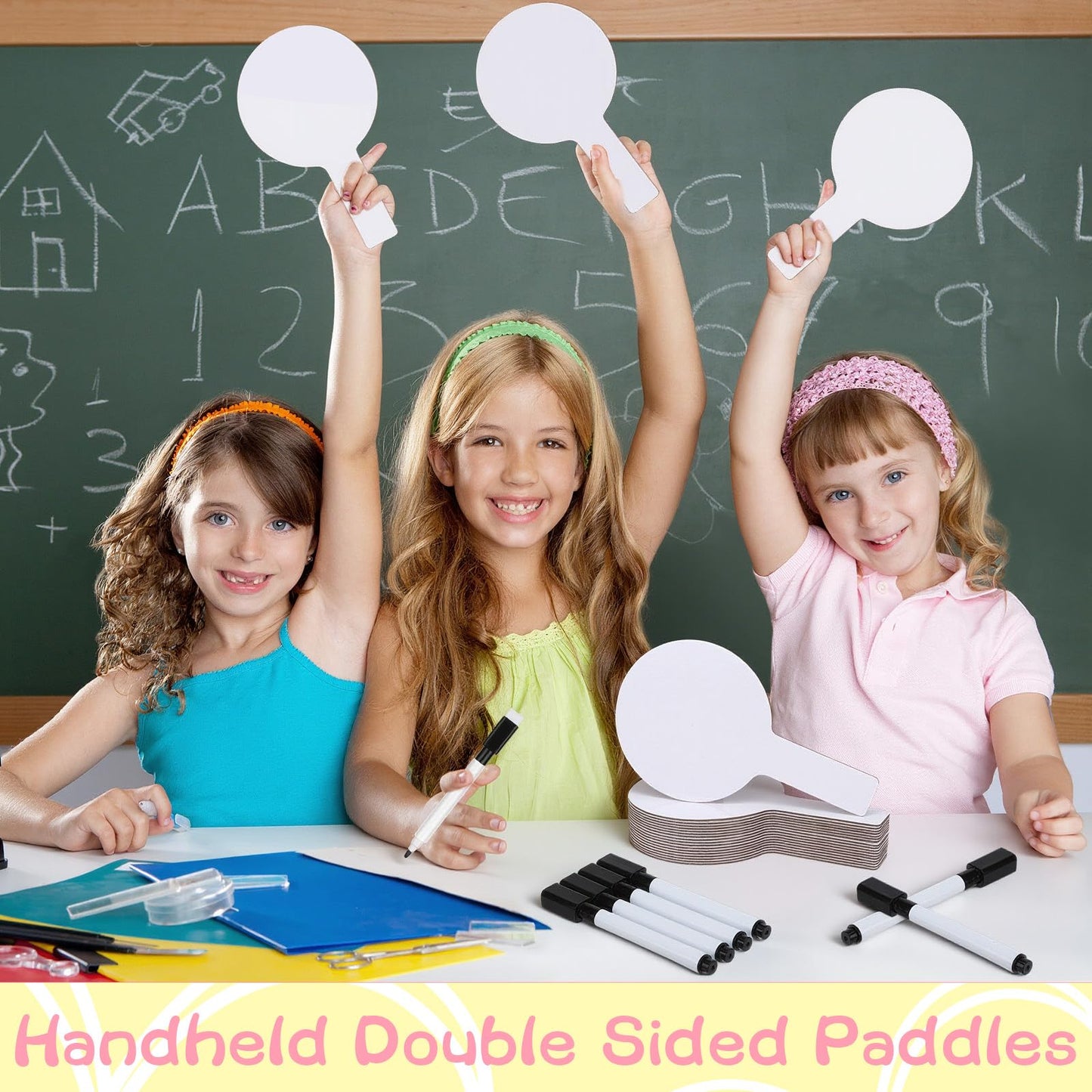 18 PCS Dry Erase Answer Paddles, Handheld Double Sided Paddles Mini White Boards with 18 Black Markers 6 Erasers, Dry Erase Signs for Classroom Teaching Office Meeting Voting Bridal Shower Games