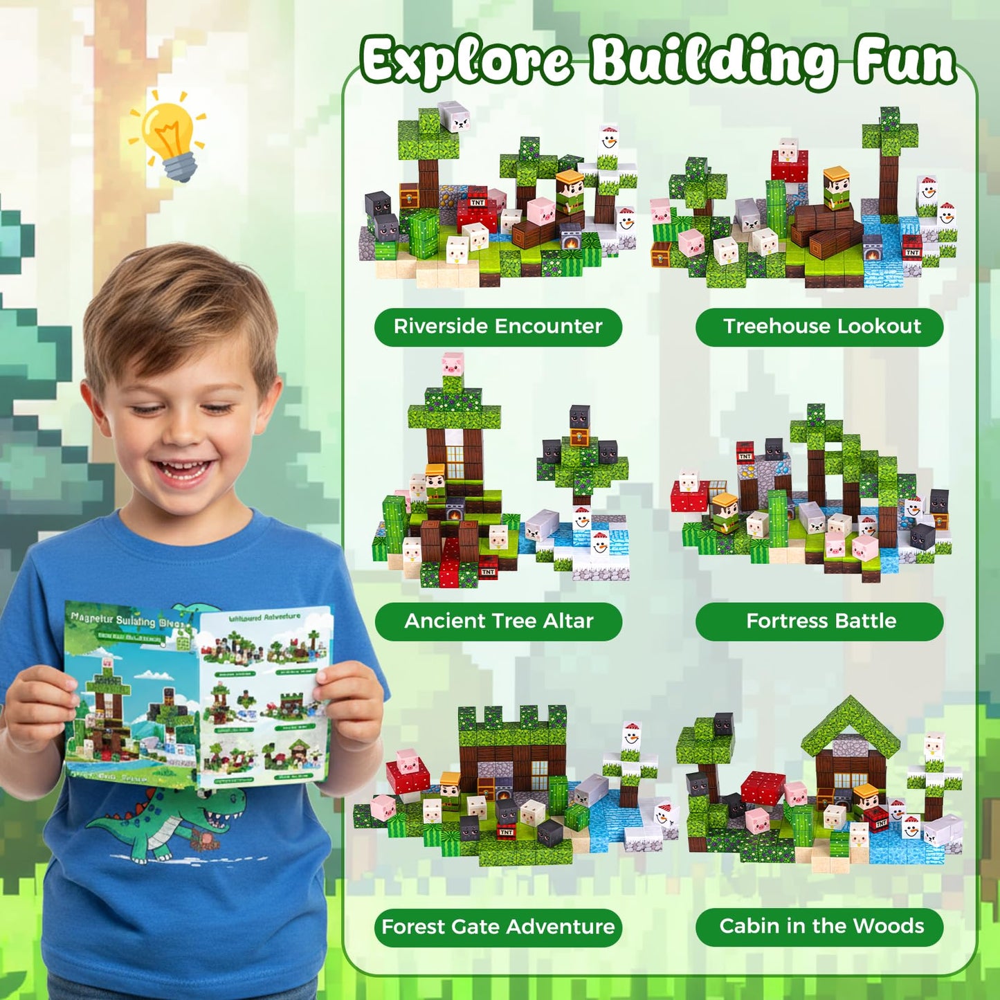 3 otters Magnetic Blocks 150PCS Forest Adventure Set, STEM Magnet Cubes & Magnetic Tiles Build Forest World Toys for Kids, Sensory Stacking Gifts for Boys & Girls Birthday