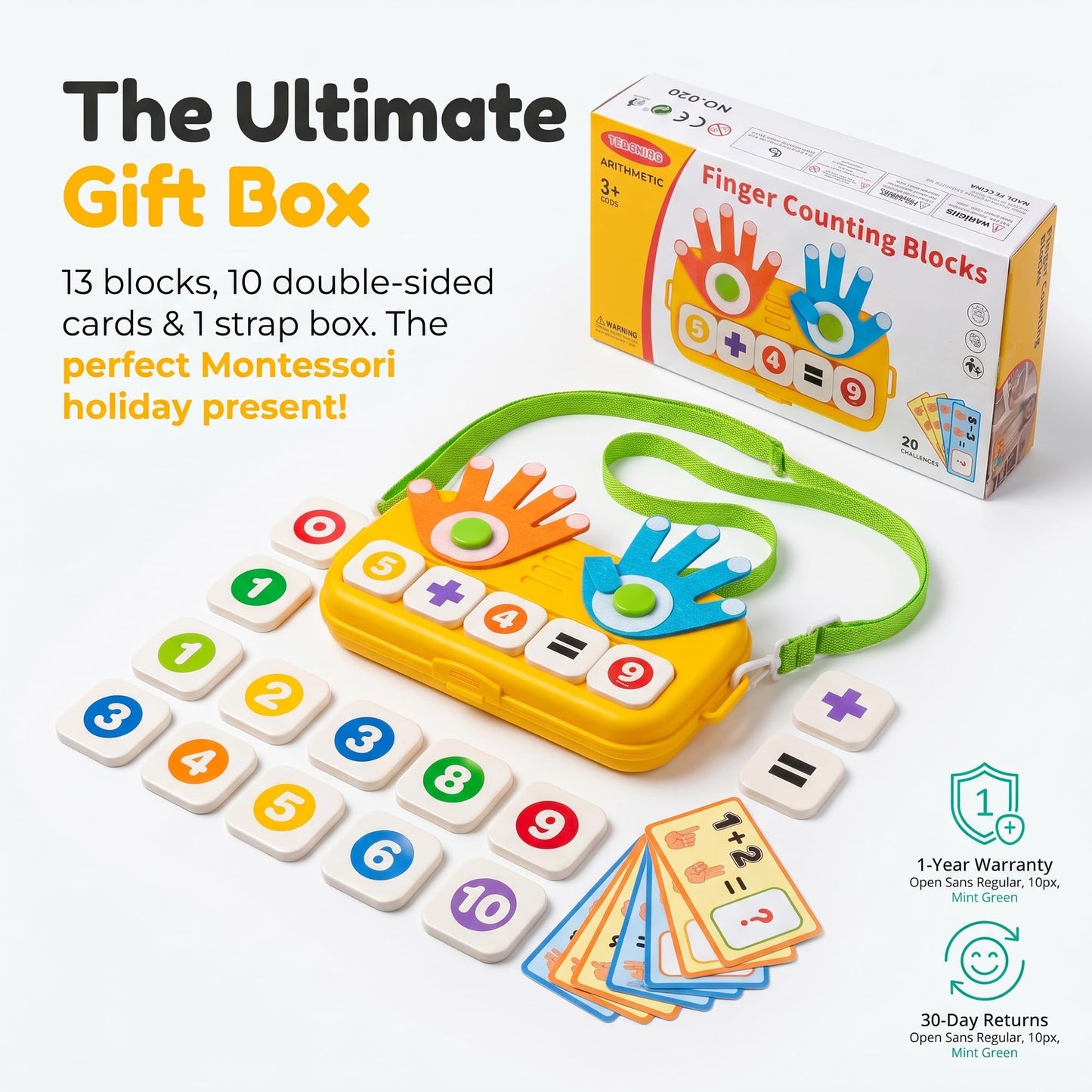 OBMESHOW Montessori Preschool Math Toys for Kids Ages 3 4 5, Counting, Addition & Subtraction Learning Game with Finger Counting Hands, Number Blocks, Flash Cards, Storage Box and Shoulder Strap