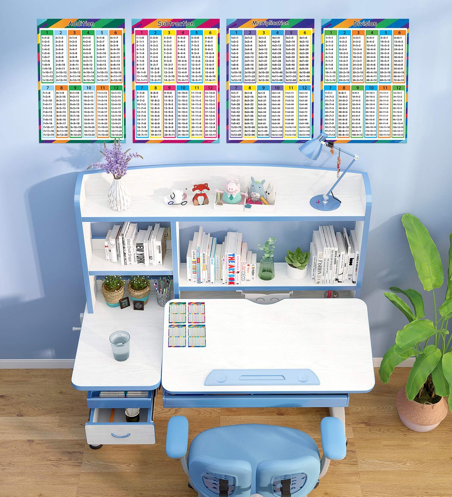 Wisdompro 4 Pack Extra Large Educational Math Posters, Multiplication Division Addition Subtraction Education Times Table Chart for Kids, Elementary, Middle School Classroom - 17 x 24 Inch