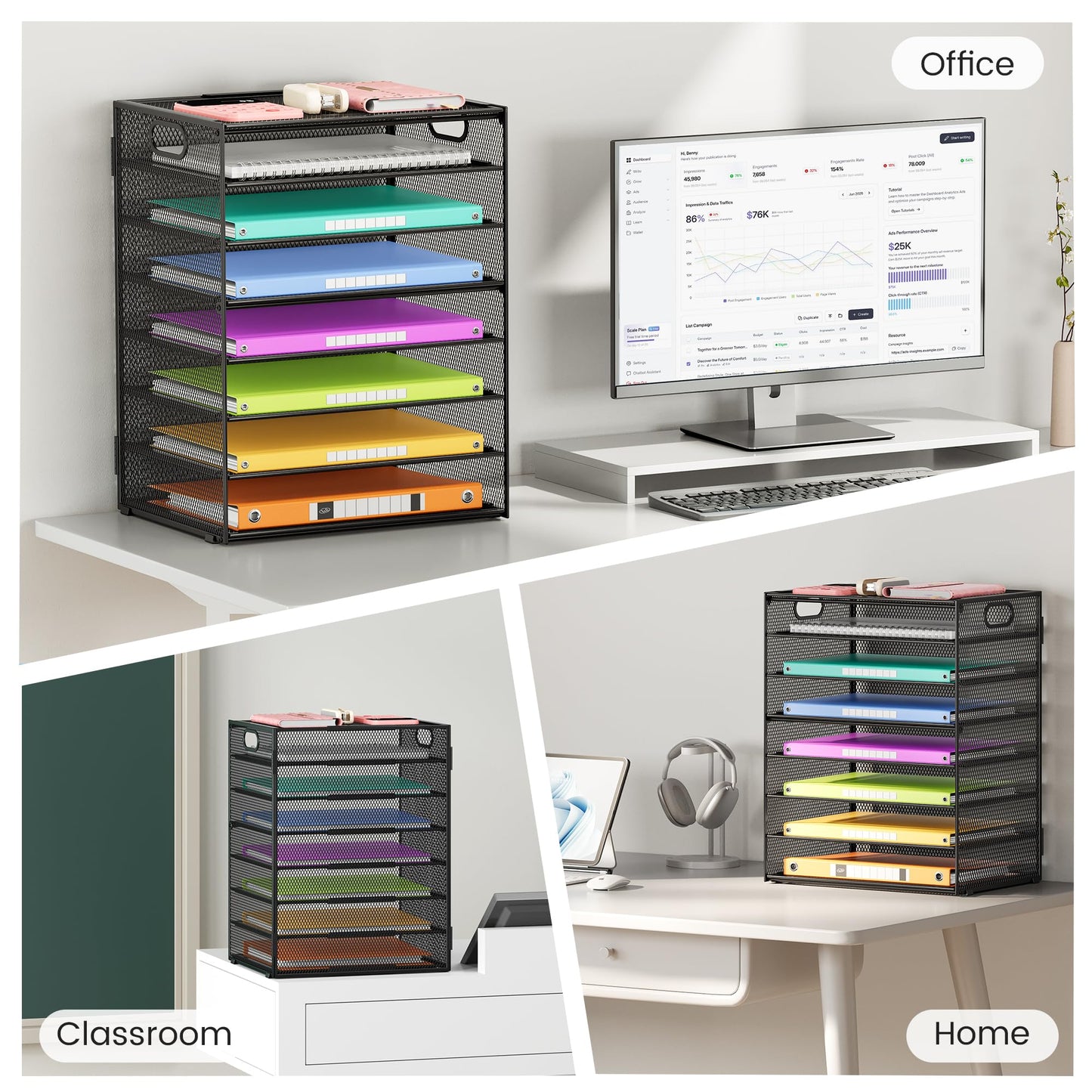Lavatino 2 Pack 8-Tier Office Desk File Organizer, Letter Tray Paper Organizer with Handle, Including 5 Adjustable Slide Trays for Organizing Desktop Workspace Accessories and Supplies (Black Mesh)