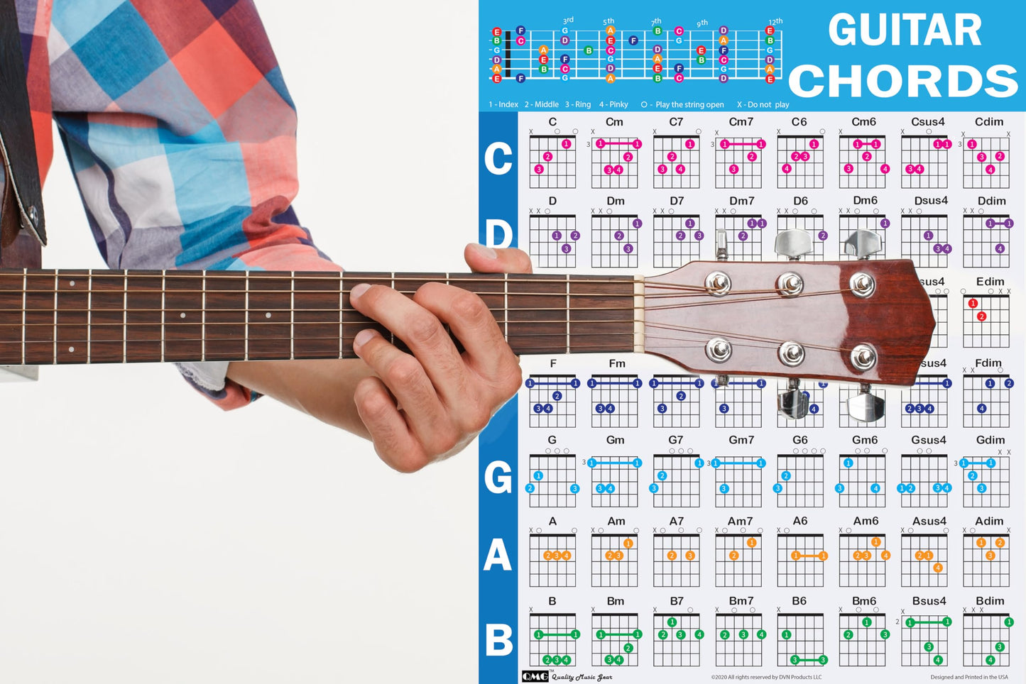 QMG Guitar Chord Poster (24"x30"), Educational Reference Guide for Beginners, 56 Color Coded Chords