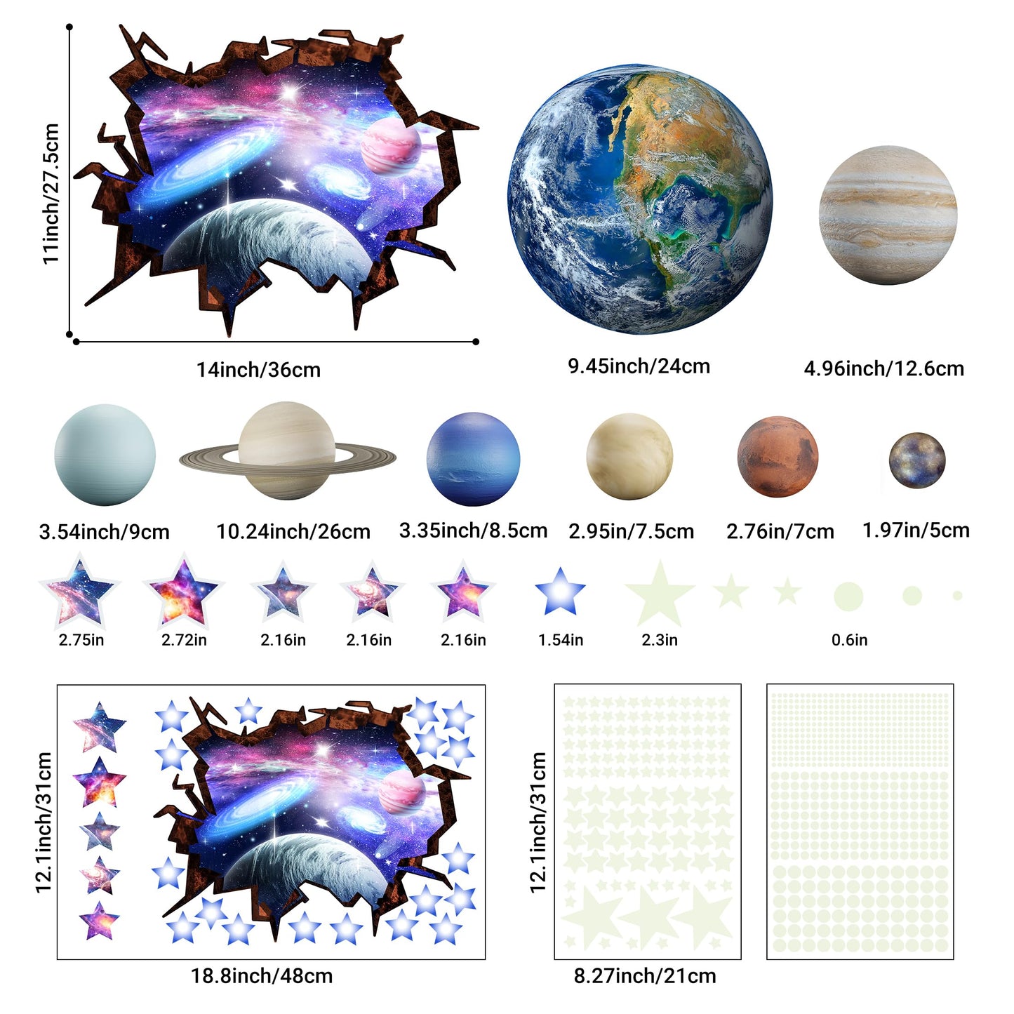 Robmoda Stars and Planets Wall Decals Glow in The Dark, Earth Solar System Stickers for Ceiling, Space Wall Sticker for Kids Room (Blue)
