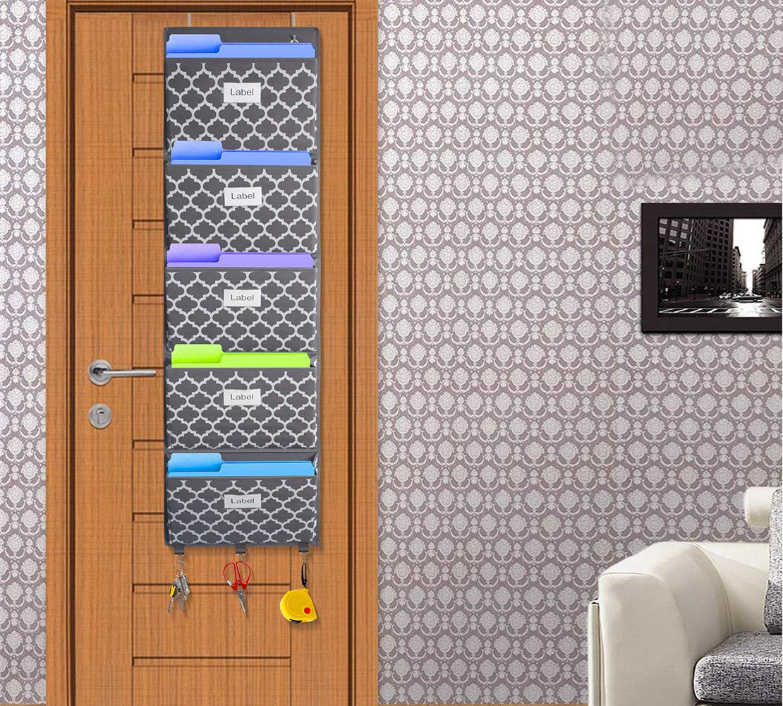 homyfort Over the Door File Organizer, Hanging File Folders, Wall Organizers and Storage for Mail, Magazine, Notebooks, Planners, Office, Classroom, 5 Extra Large Pockets (Grey Lantern Pattern)