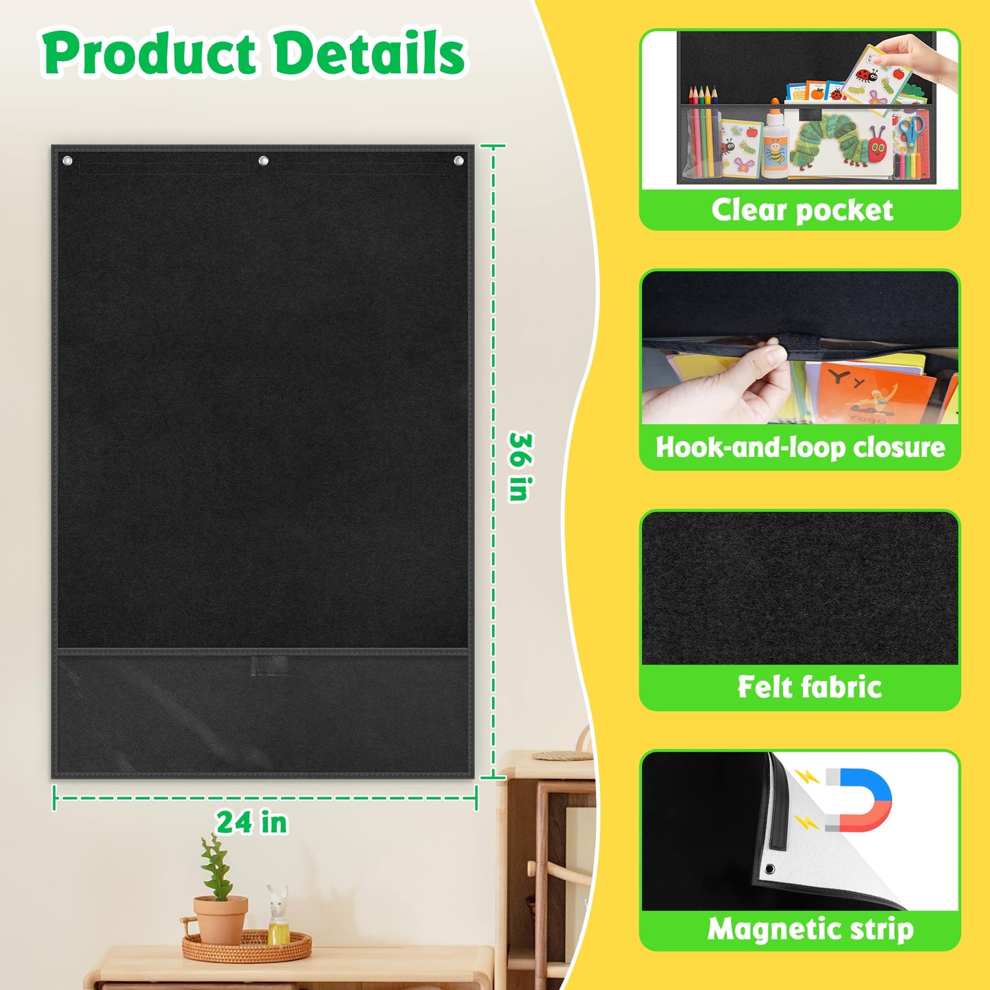 AKAYOK 24"x36" Felt Board for Classroom & Home - Flannel Story Board with Magnets, Transparent Pocket & 30 Self Adhesive Dots | Interactive Learning, Visual Schedule, Storytelling for Teachers & Kid