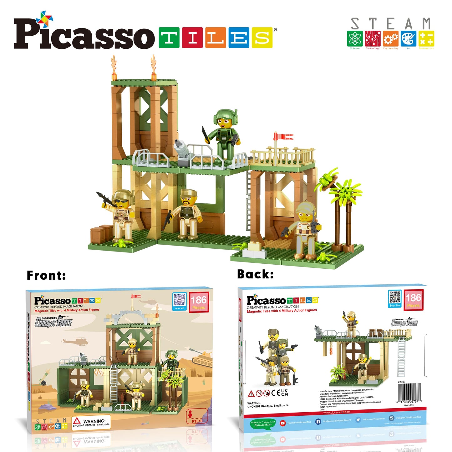 PicassoTiles Magnet Tile Building Brick Blocks Military Combat Force Theme Magnetic Tiles Construction Block Playset 4 Character Action Figures with Weapons Interlocking Bricks STEM Toy Ages 3+ PTL18