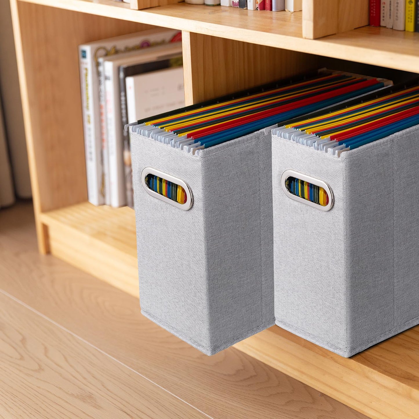 ComfortKeeper 4 Packs Letter Size File Organizer, File Folders Organizer, Fabric Storage Box, Collapsible Paper Organizer with Metal Handle, Smooth PVC Rails, Only Box (Light Gray)