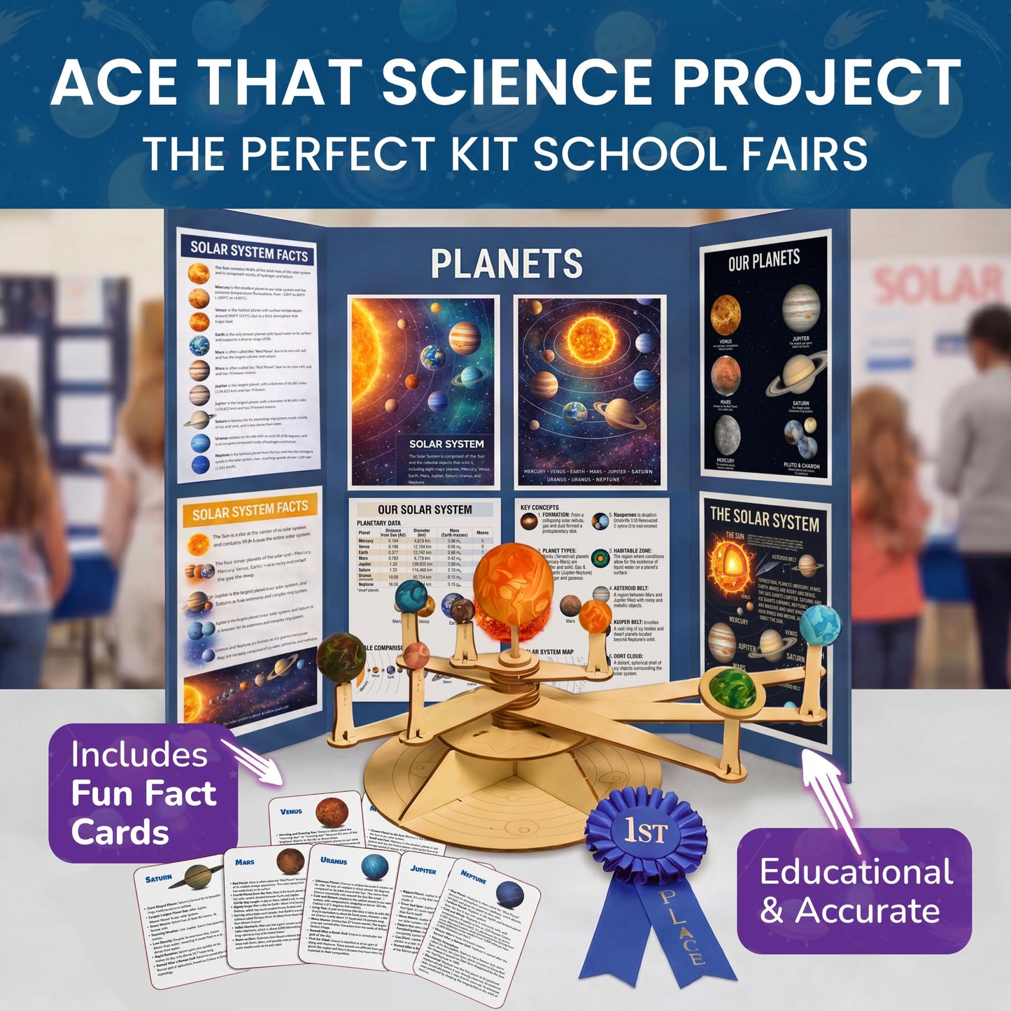 Nine Planets DIY Solar System Model for Kids - Complete Solar System Kit for Kids 8+ Years Old - Includes Wood Model & Puzzle with Fact Cards - Science Kits for 8-12 Years Old