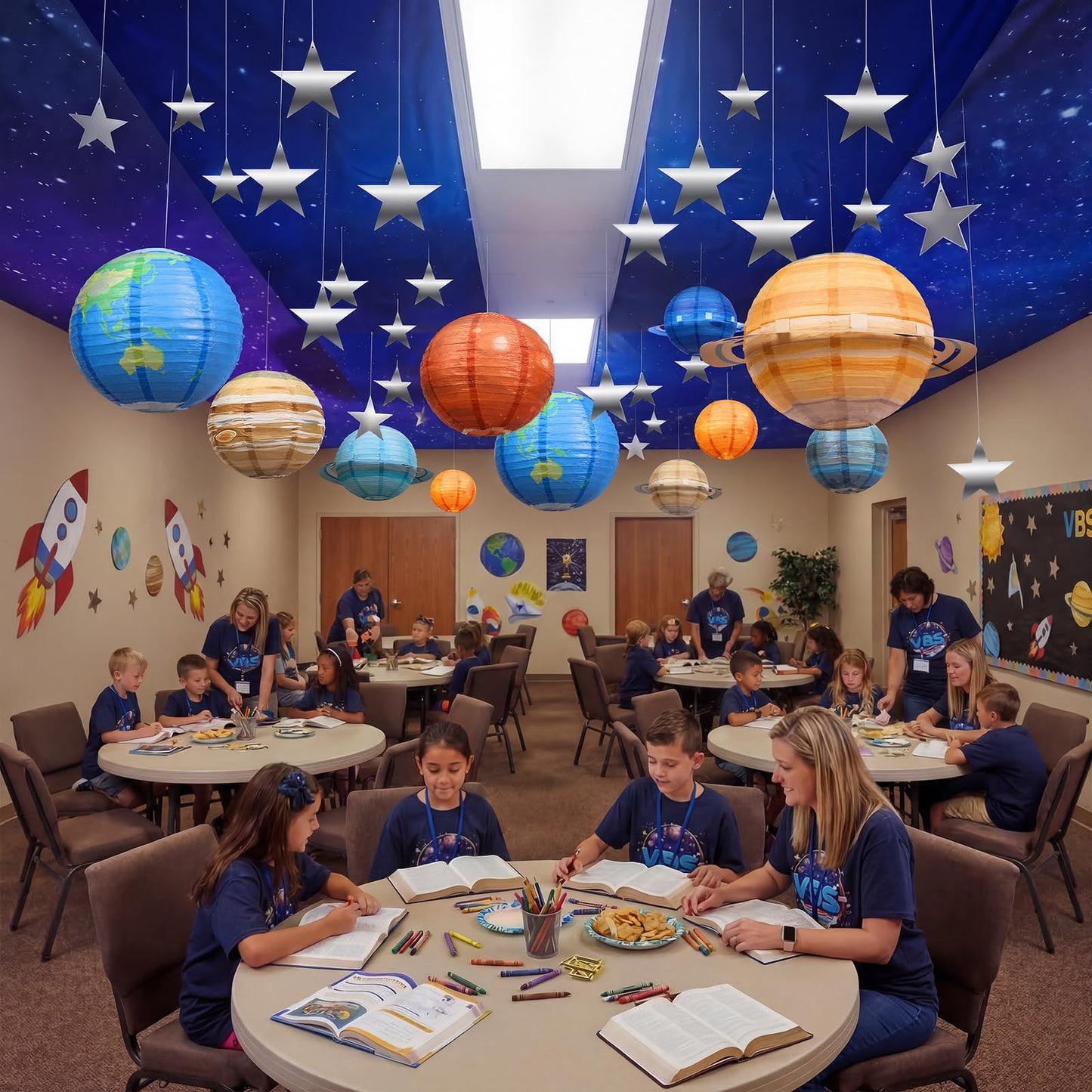 Relaxgiant 45 Pcs 2026 Space Celing Decoration for Classroom 24" x 13ft Galaxy Hanging Backdrop, Star Hanging Ornament, Solar System Paper Lanterns, Hooks for Kids Birthday VBS School Party Decor