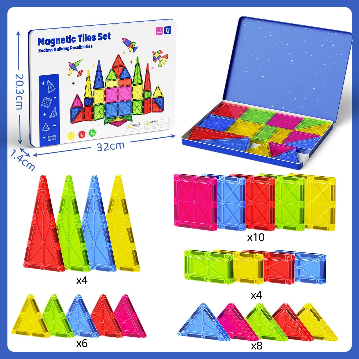 MEIQ Jumbo Magnetic Tiles with Secure Metal Case, 32 Pcs Large Magnetic Building Blocks for Kids 3-8, STEM Toys for Toddlers, Preschool Learning Montessori Toys, Age 3+ Boy Girl Gift