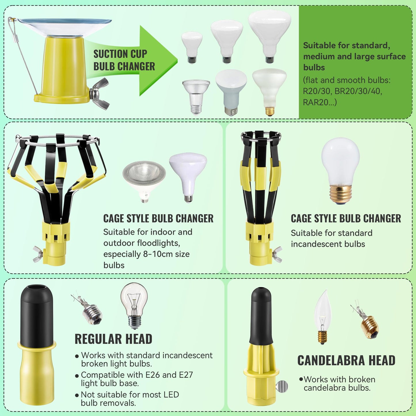 Dreyoo Light Bulb Changer Set with 3-12 ft Telescopic Pole, Suction Cup, Broken Bulb Tool, Yellow, Model DR-Dreyoo-1259