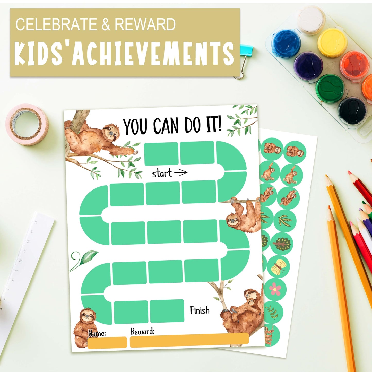 20 Sloth Reward Chart with 432 Round Stickers, Incentive Behavior Chart for Kids at Home Classroom, Kids Routine Daily Chore Sticker Chart-B04