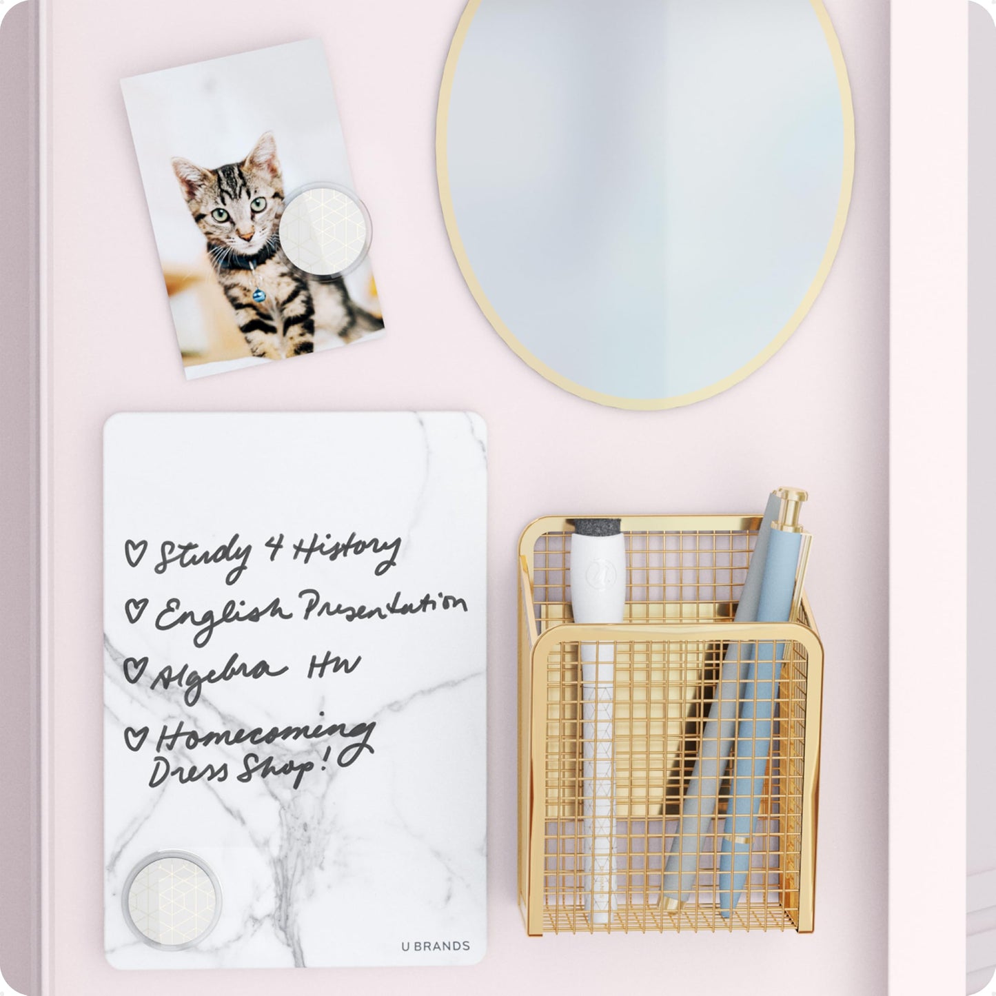 U Brands Magnetic Locker Accessories and Decorating Kit, 6 Piece Set, Back to School Essentials, Gold and Marble, Whiteboard, Mirror, and More