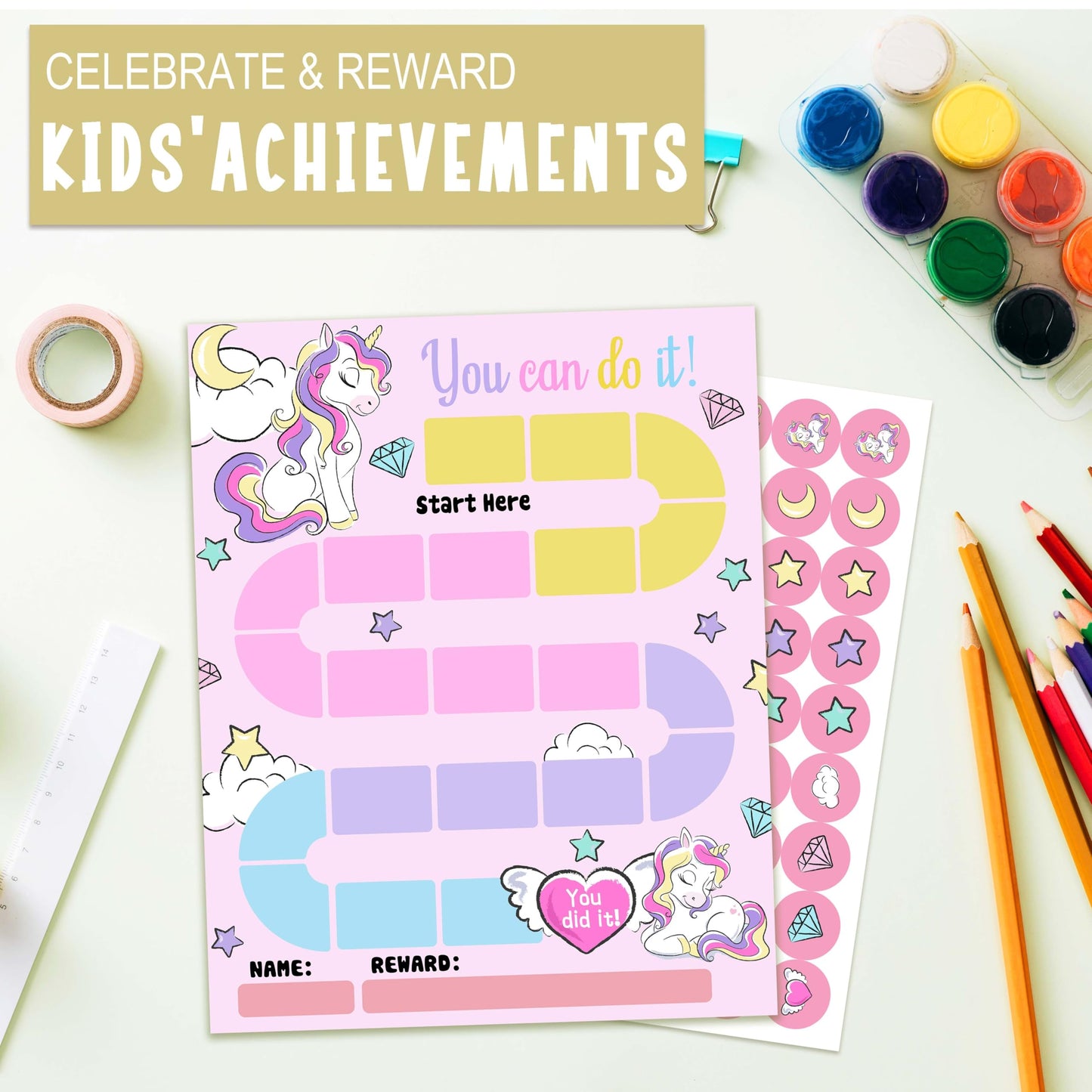 10 Unicorn Reward Chart with 216 Round Stickers, Incentive Behavior Chart for Kids at Home Classroom, Kids Routine Daily Chore Sticker Chart-A21