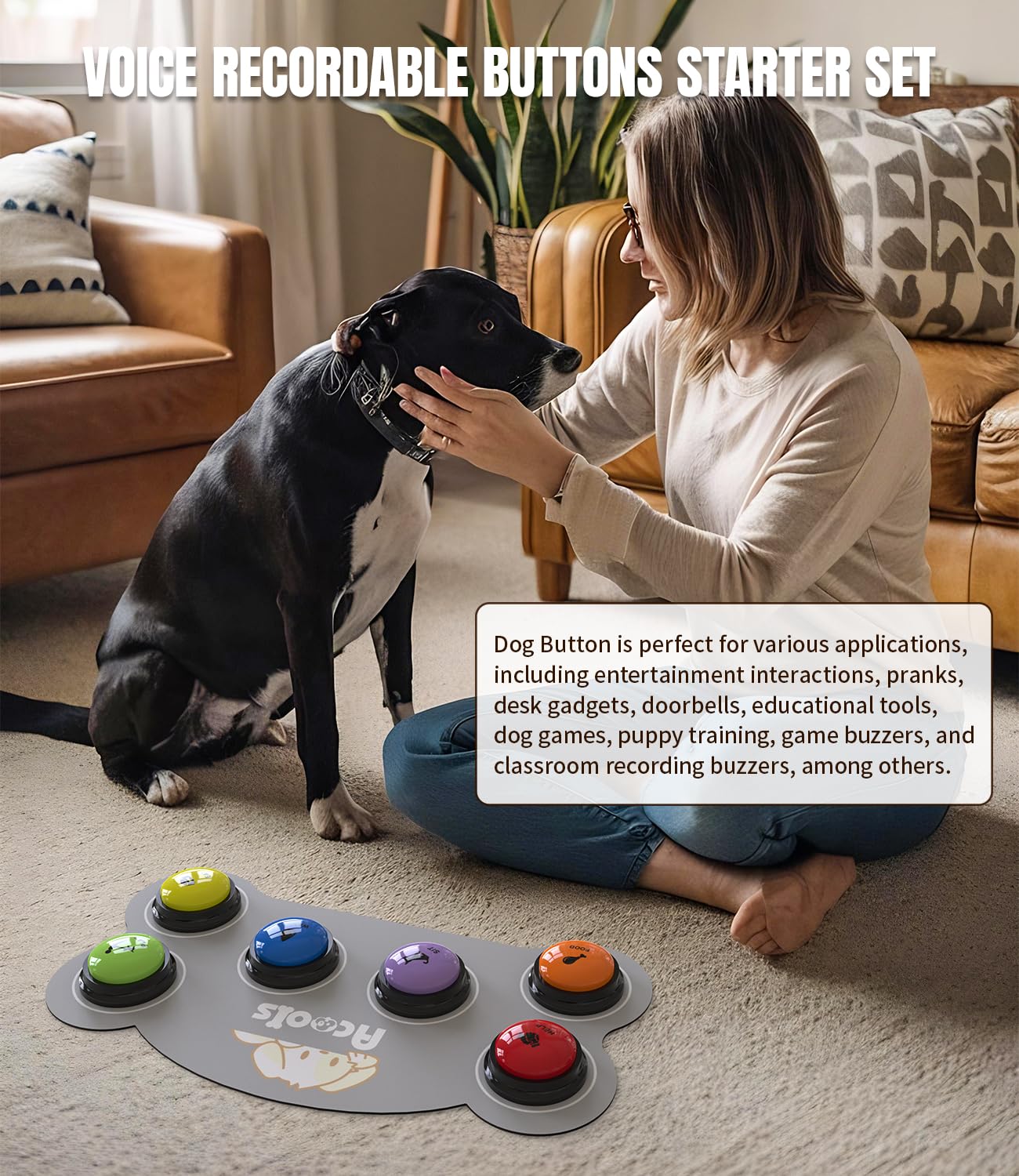 6 Piece Dog Talk Buttons, Dog Buttons for Communication with Non-Slip Mat, 30s Recordable Voice Commands To Train Pet, Dog Talking Buttons Starter Set with 48 Scene Stickers Suitable for Easy Training
