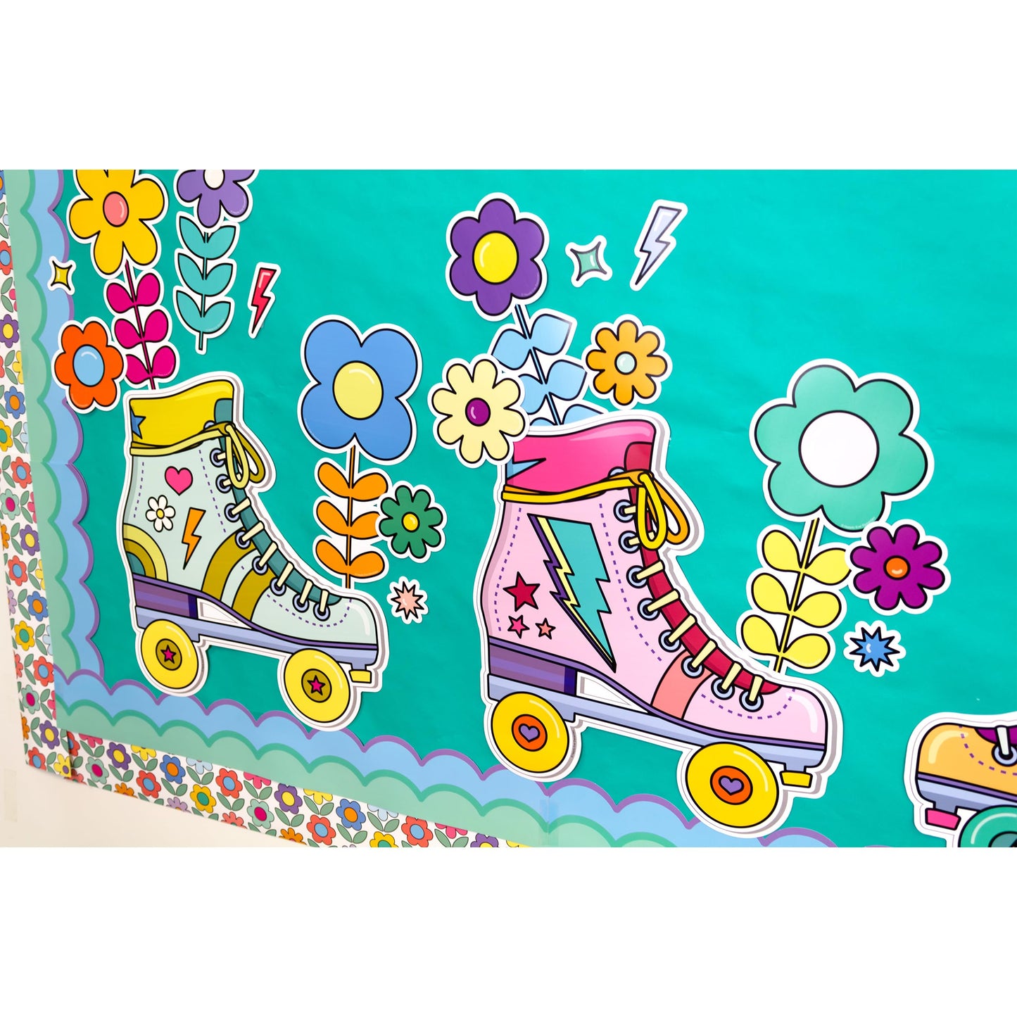Happily Ever Elementary Retro Remix 103-Piece Motivational Bulletin Board Set, Roller Skates, Flowers, and More Groovy Bulletin Board Decorations for Classroom Decor