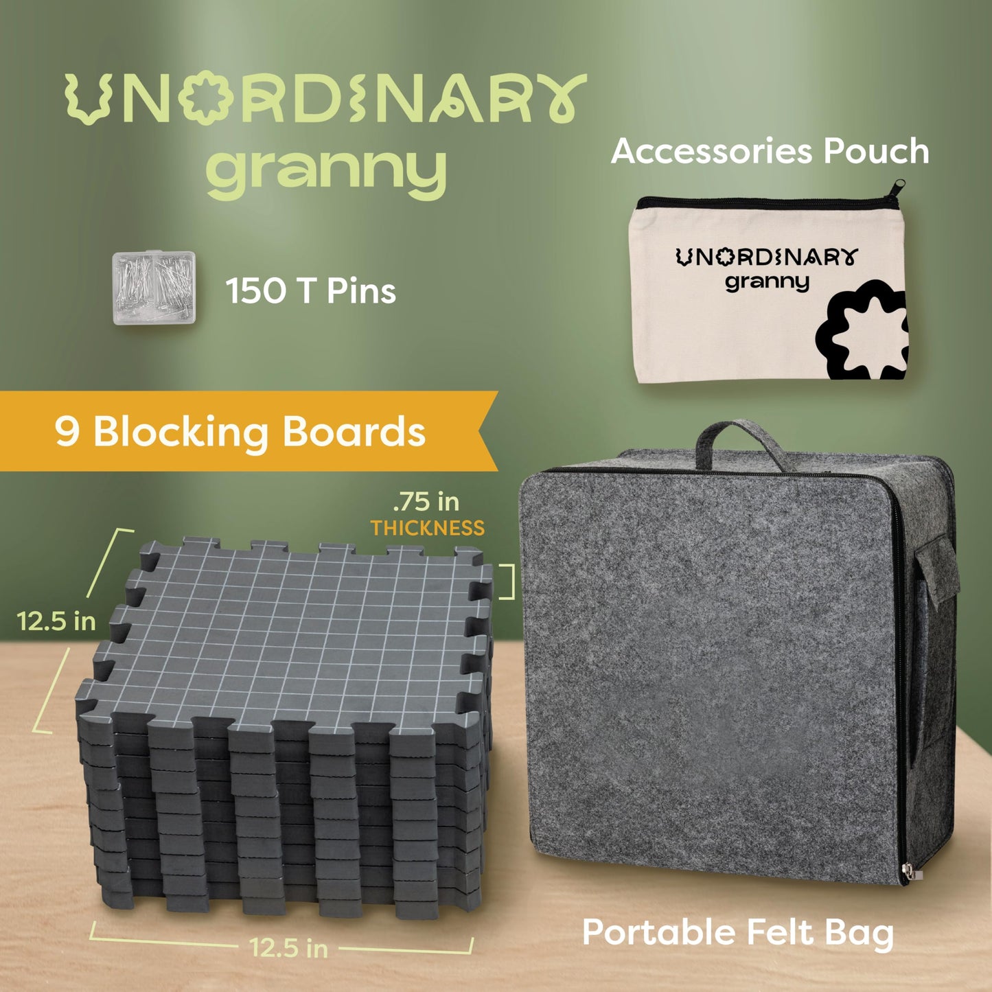 Unordinary Granny Crochet Blocking Board Set – 9 Extra Thick Interlocking Mats with Grid, 150 T-Pins, Felt Storage Bag and Cotton Pouch – Blocking Board for Knitting, Crochet & Other Craft Projects