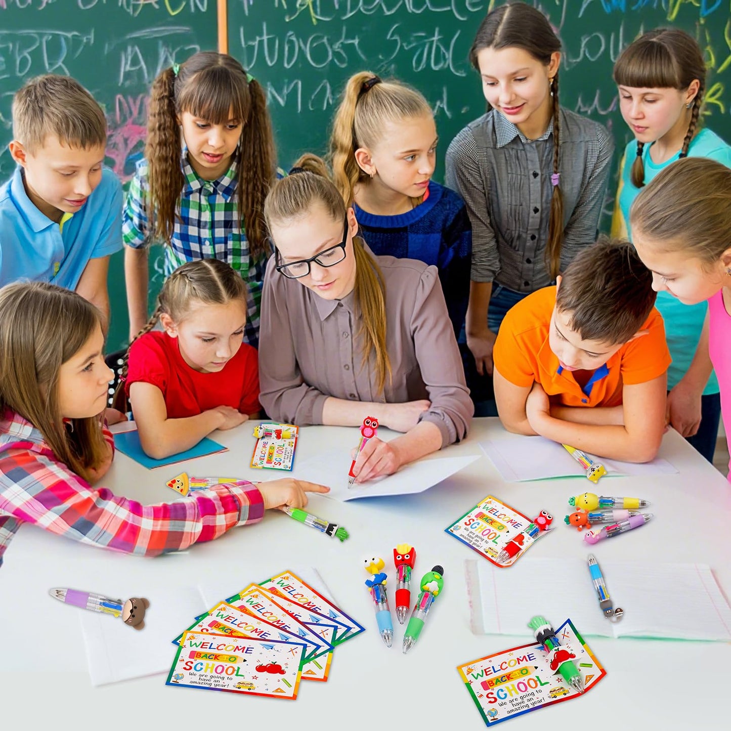 CZWZ 30 Set Cute Multicolor Pens in One 4-in-1 Fun Pens Bulk with 30 Gift Cards for Kindergarten Party Welcome Back To School Student Gift Bulk Office School Exchange Gifts