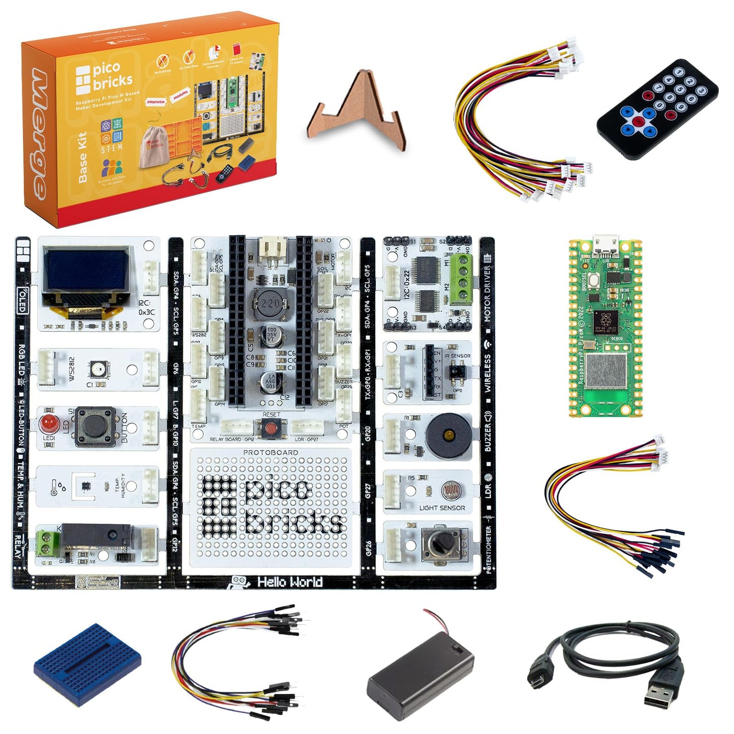 PicoBricks Raspberry Pi Pico W Starter Kit with 12 Detachable Sensors and Extensive Learning Guide, DIY Coding Kit, Raspberry Pi for Kids