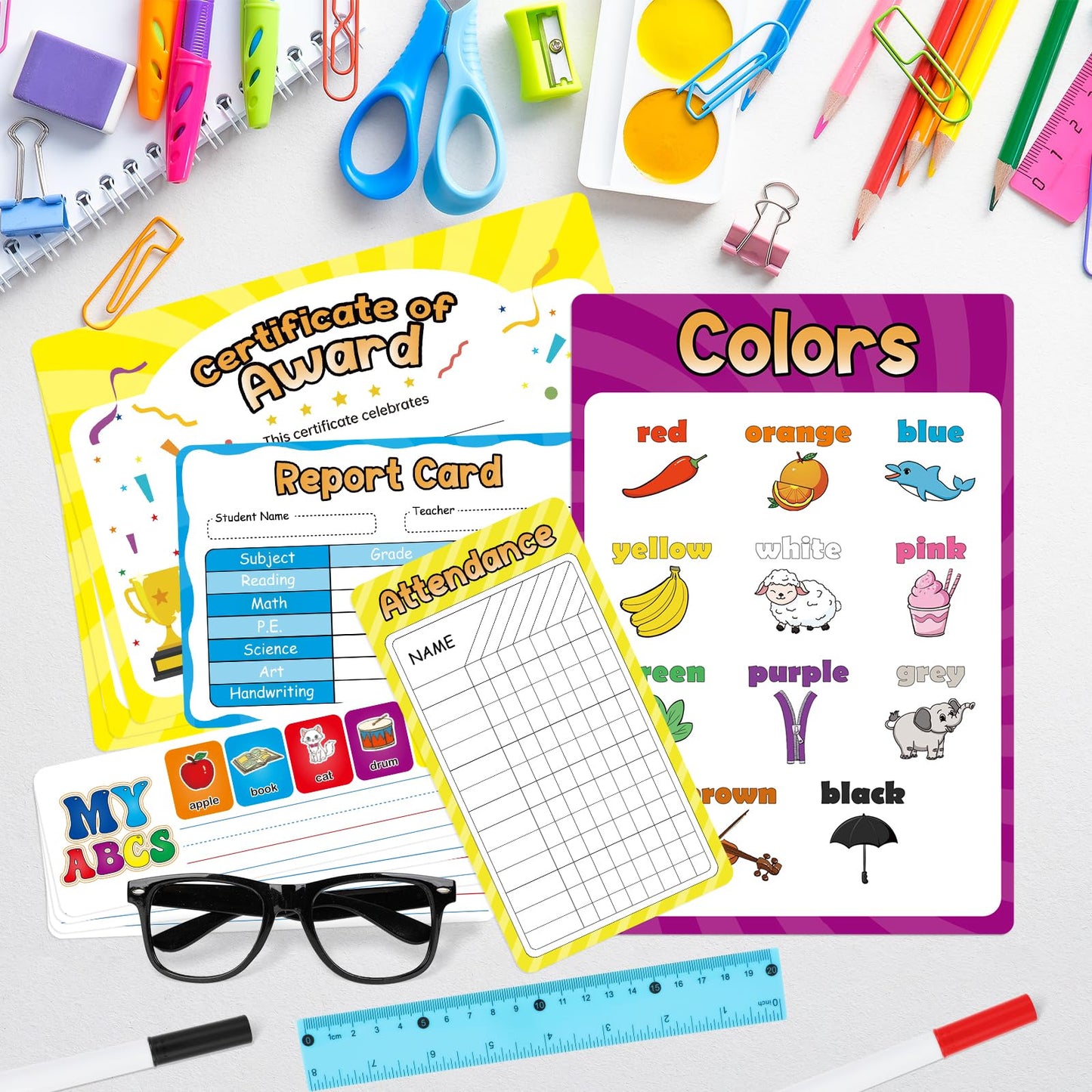 Edulok 115 PCS Pretend Play Teacher Set for Kids, with Magnetic Numbers, Bell, Money Games, Alphabet Posters, USA Maps, Learning Education Toys Kindergarten Classroom School Supplies Toys Playset Kit