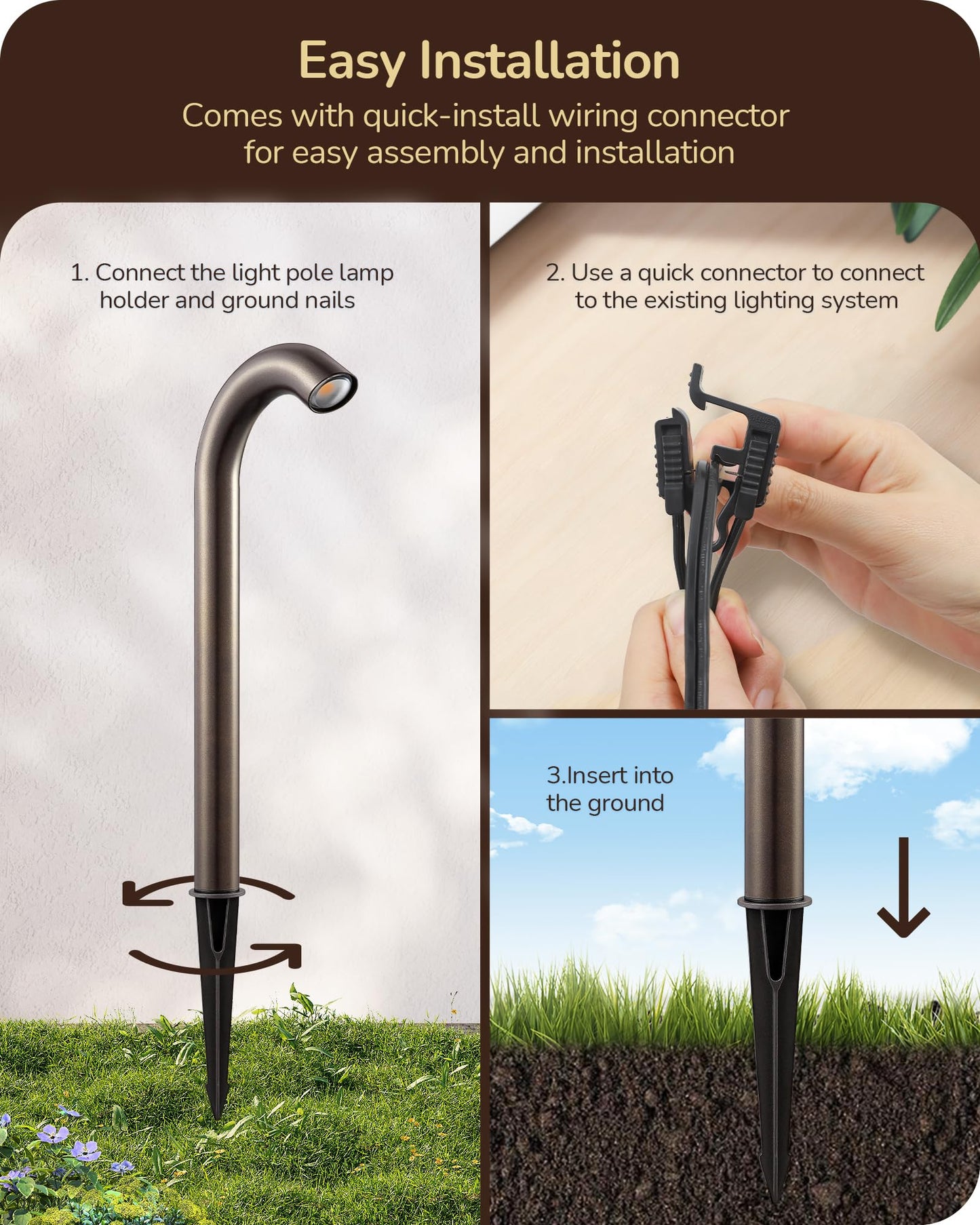 EDISHINE Low Voltage Landscape Lighting, 3W 3000K 200LM, IP65 Aluminum Path Light, Bronze, Model HGSL39B