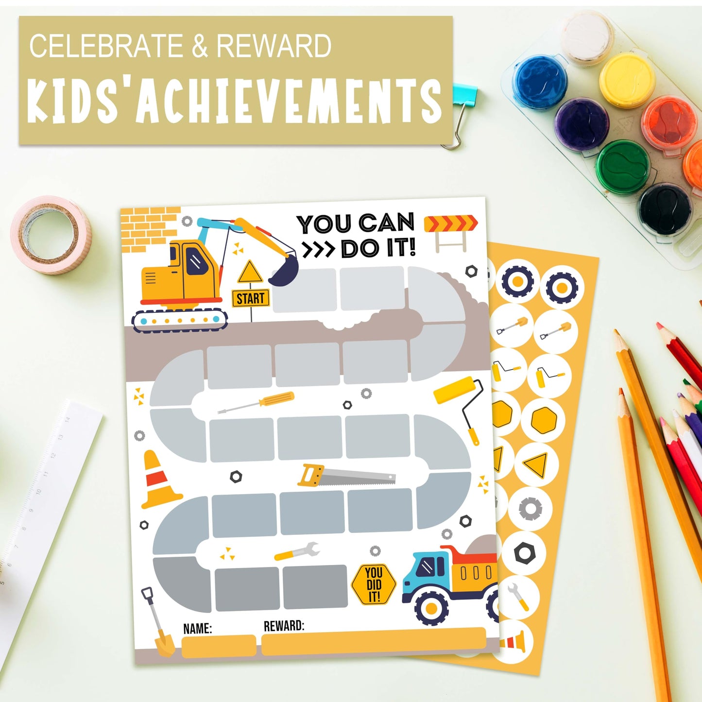10 Construction Reward Chart with 216 Round Stickers, Incentive Behavior Chart for Kids at Home Classroom, Kids Routine Daily Chore Sticker Chart-A07