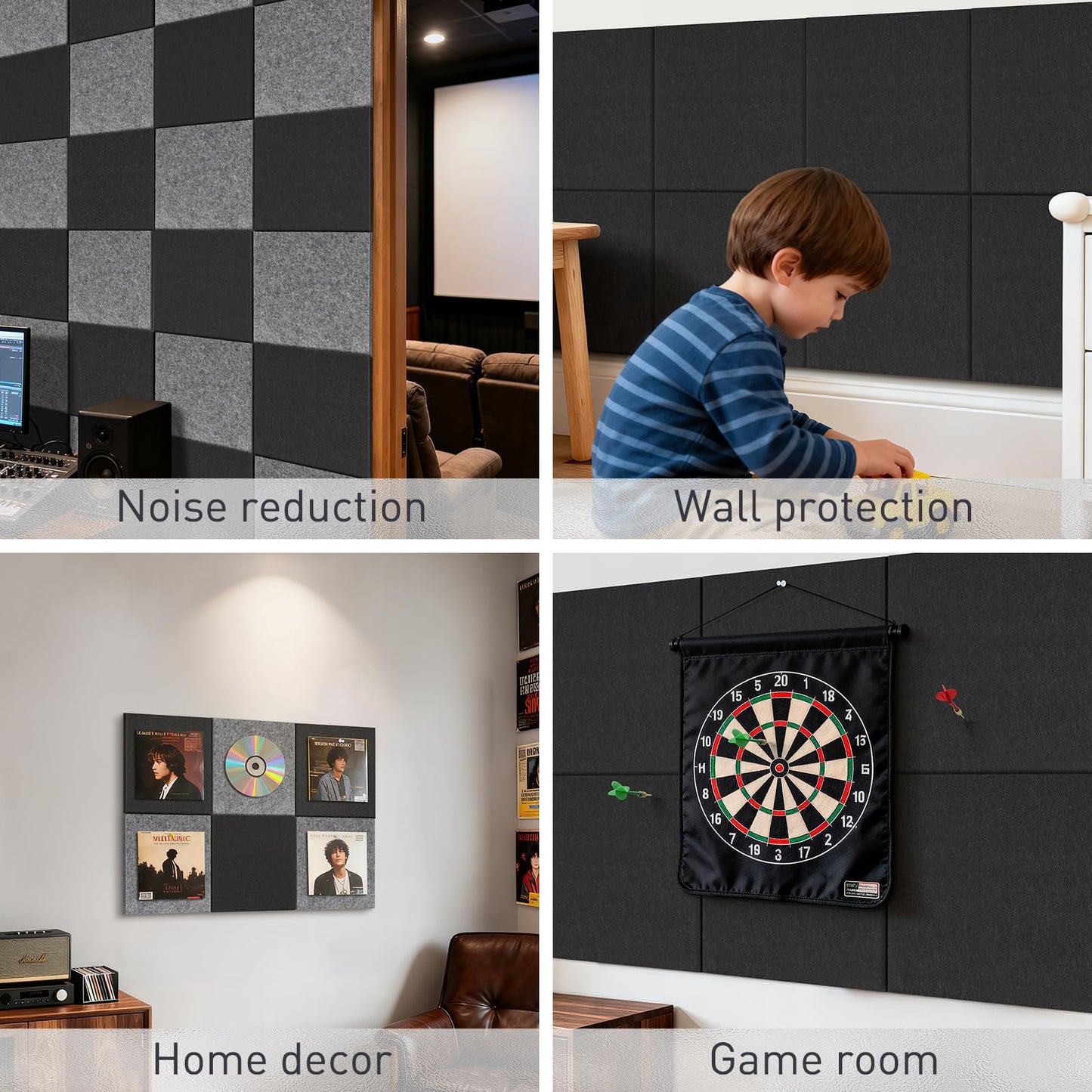 QUEENLINK 6-Pack Felt Bulletin Board Tiles 12"x12", Self-Adhesive Pin Board Wall Panels with 60 Push Pins, Modular Vision Board & Wall Organizer for Home Office Classroom, Black