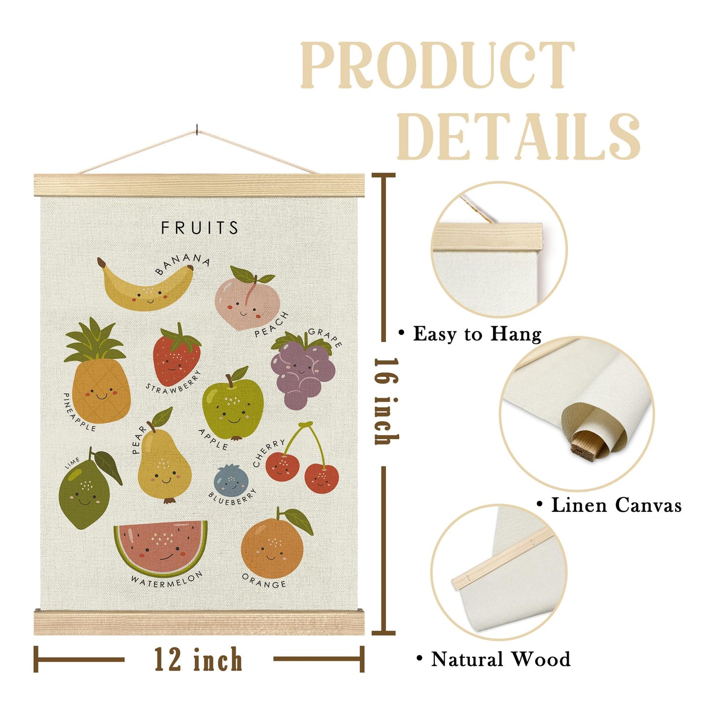 BCUANGD Fruits Vegetables Wall Decor - Toddlers Kids Preschool Poster Hanger with Wood Frames Set of 2, Educational Learning Wall Hanging Canvas Decor for Kids Room Nursery Home, 12x16 Inches