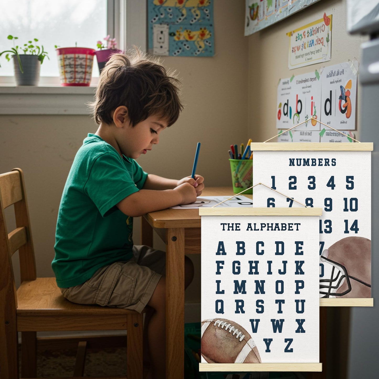 BONETAT Numbers alphabet poster for Nursery Toddlers, Play Room Wall Decor, ABC Wall Chart, Wall Hanging Decor for Toddler Playroom Decor Kids Wall Decor, Wooden Frame Alphabet Banner-A01