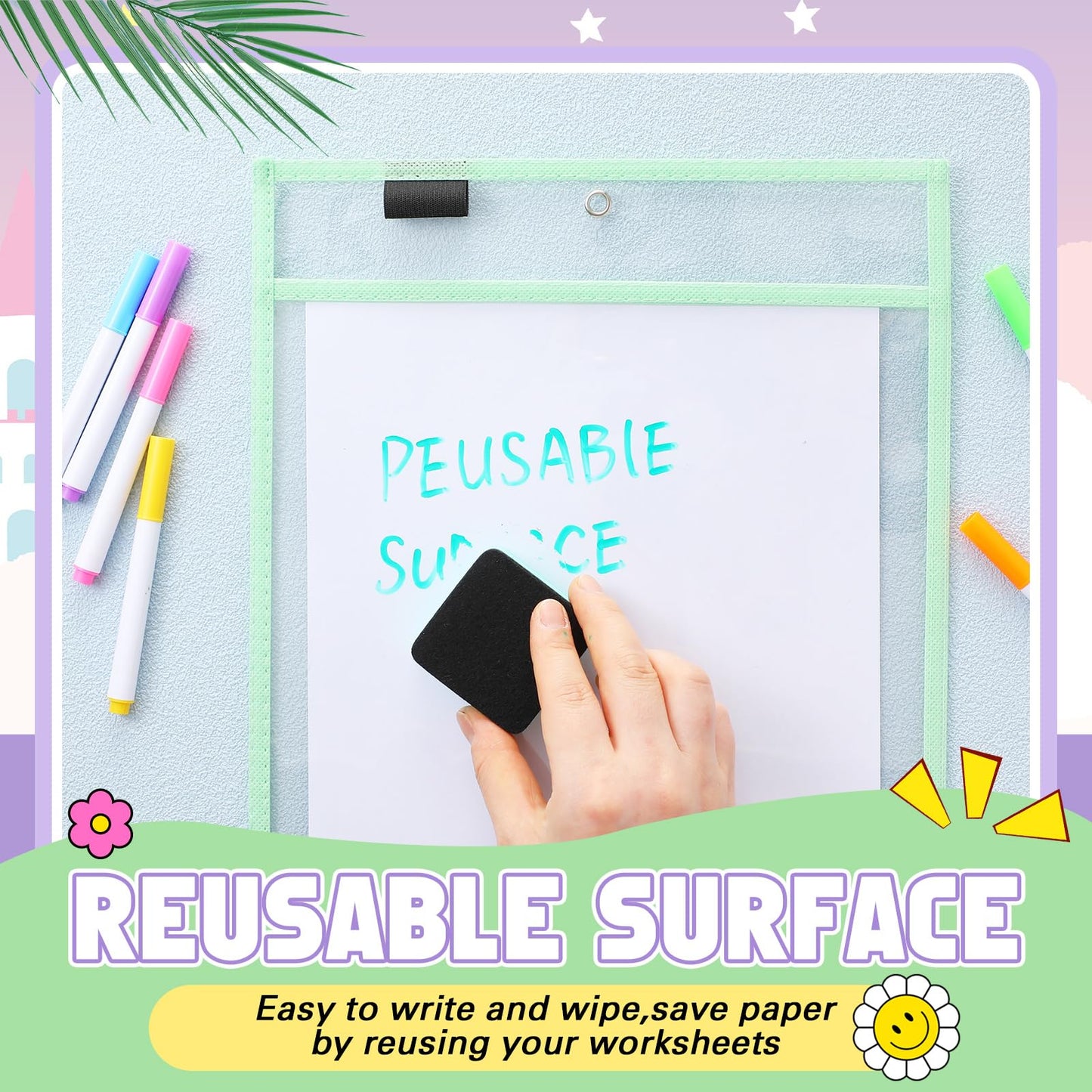 24 Pcs Dry Erase Pocket Reusable Sleeves 10" x 14" Clear Plastic Sheet Protectors with Markers and Mini Dry Erasers for Paper(Pastel)