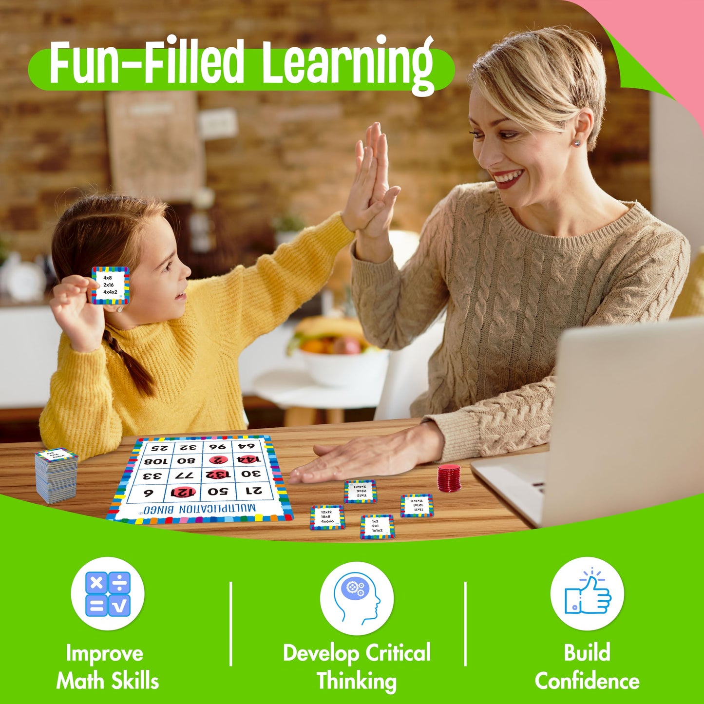SpriteGru Multiplication & Division Bingo Game, 480 Math Problems, 2 Educational Math Board Game for Kindergarten and Preschool Kids 4-8, Perfect for Classroom & At Home (Up to 25 Players)
