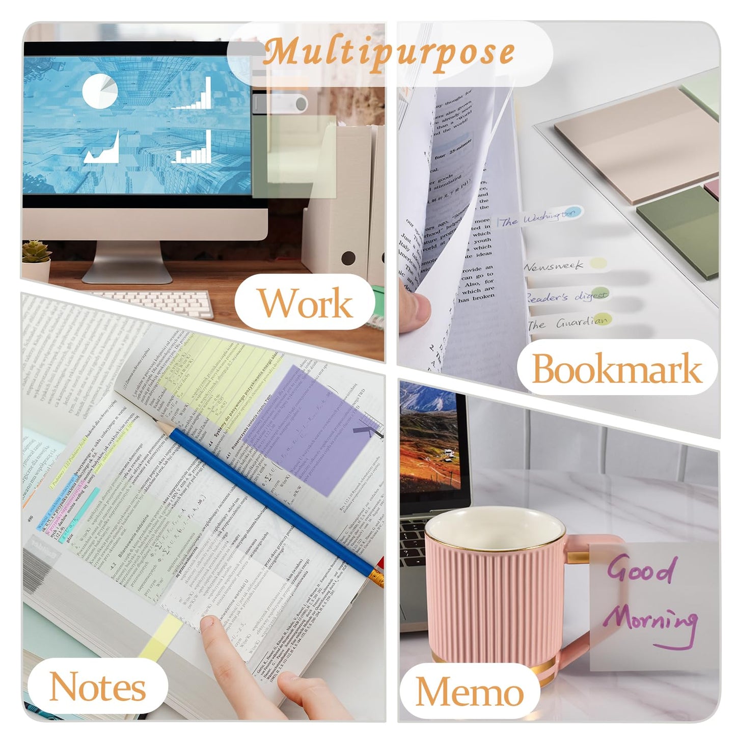 BAYTORY 1610 Sheets Transparent Sticky Notes with Highlighter Tape, Clear Waterproof 3 x 3 inch See Through Memo Pad, Self-Adhesive Translucent Writable Index Tabs for Annotating Books